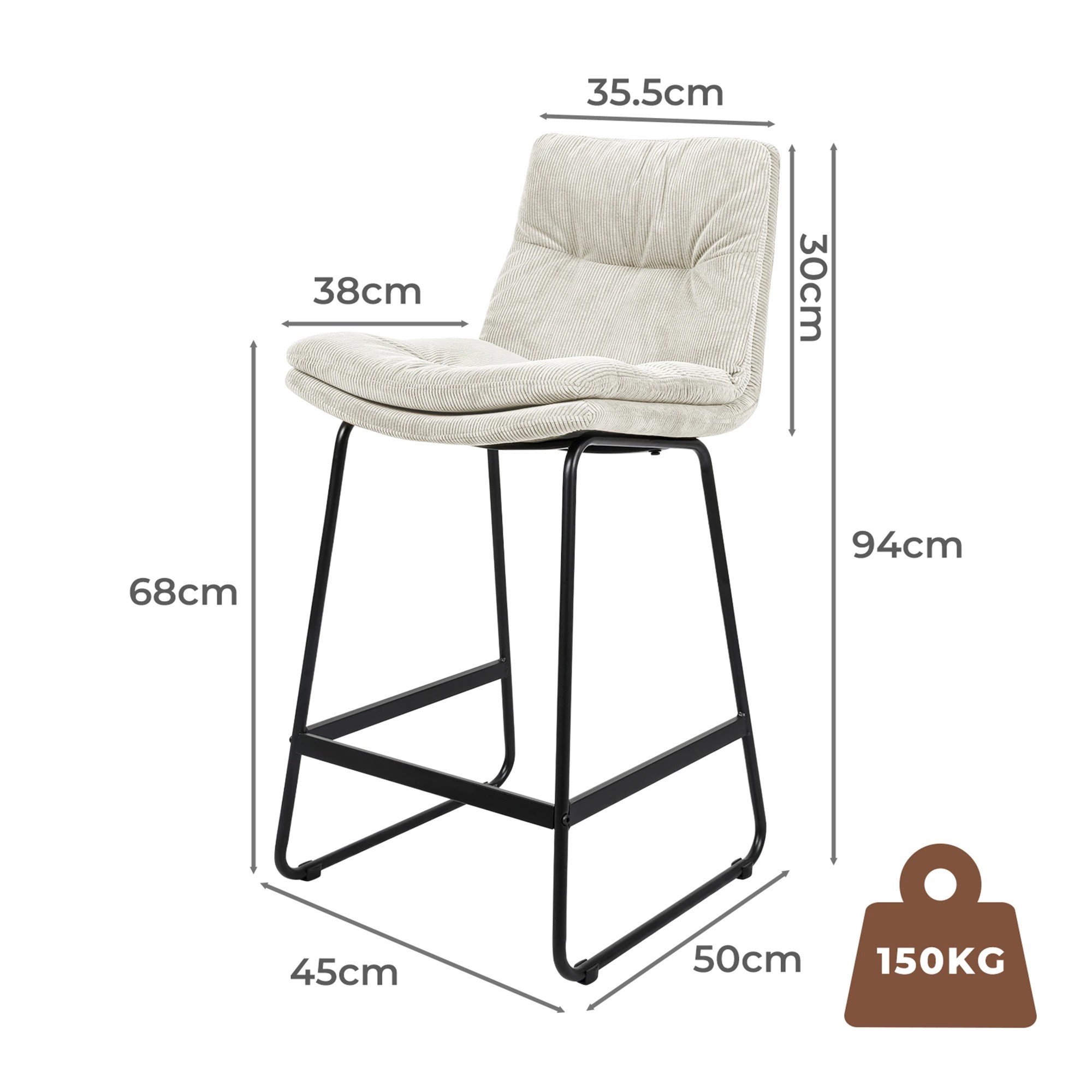 3 Levede 2x Corduroy Bar Stool Kitchen Stool Chair Soft 6cm Padded Seat - Grey, 3 of 9