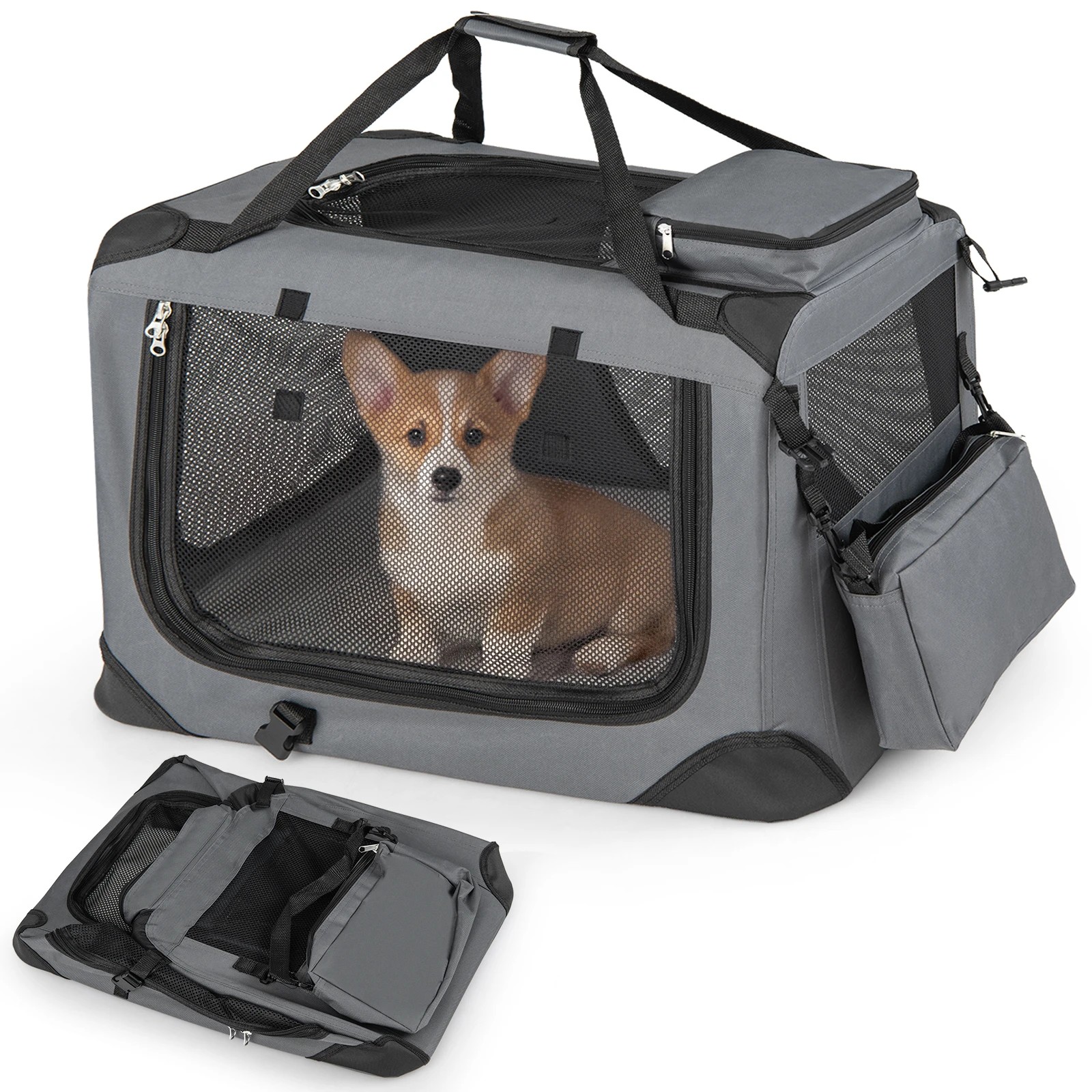 5 Costway 11kg Folding Pet Carrier 600D Portable Travel Kennel Bag w/Removable Mat 61cm - Grey, 5 of 5
