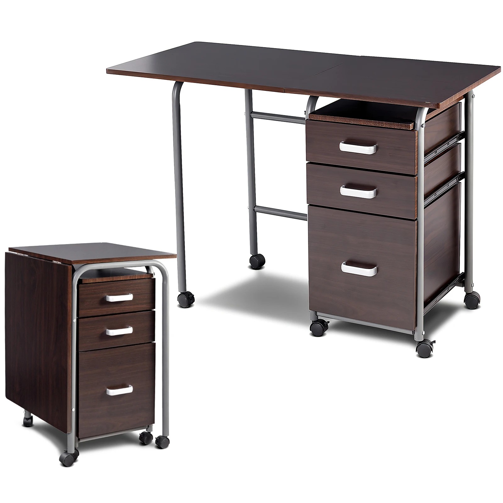2 Costway Space-Saving Computer Desk Folding Laptop Desk Wheeled Workstation w/3 Drawers, 2 of 3
