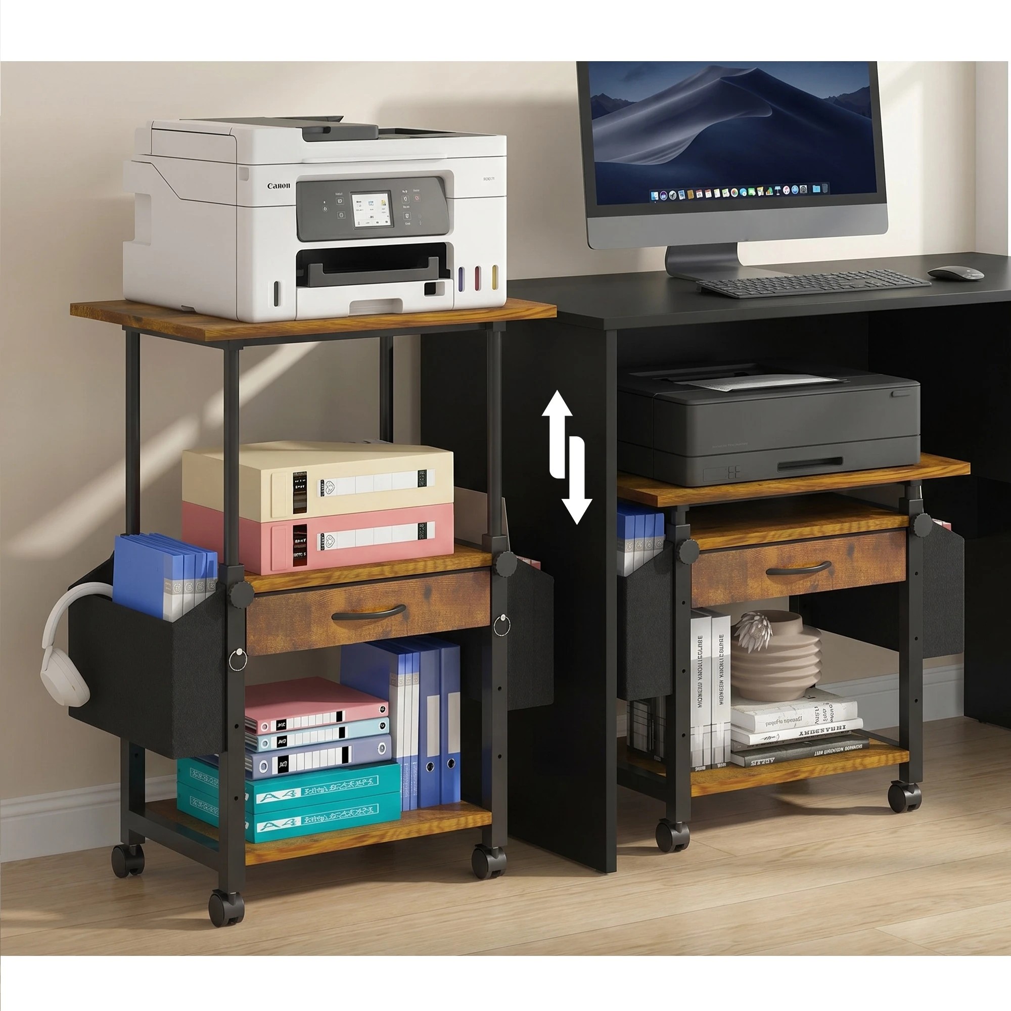 2 Advwin Mobile Printer Stand Height Adjustable with Storage & Wheels - Brown, 2 of 7