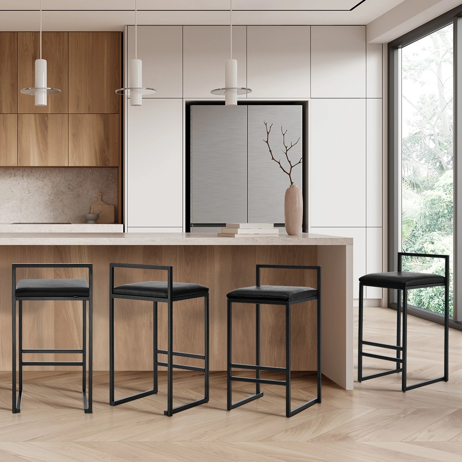 4 Oikiture 4x Bar Stools Counter High Chair Leather - Black, 4 of 9
