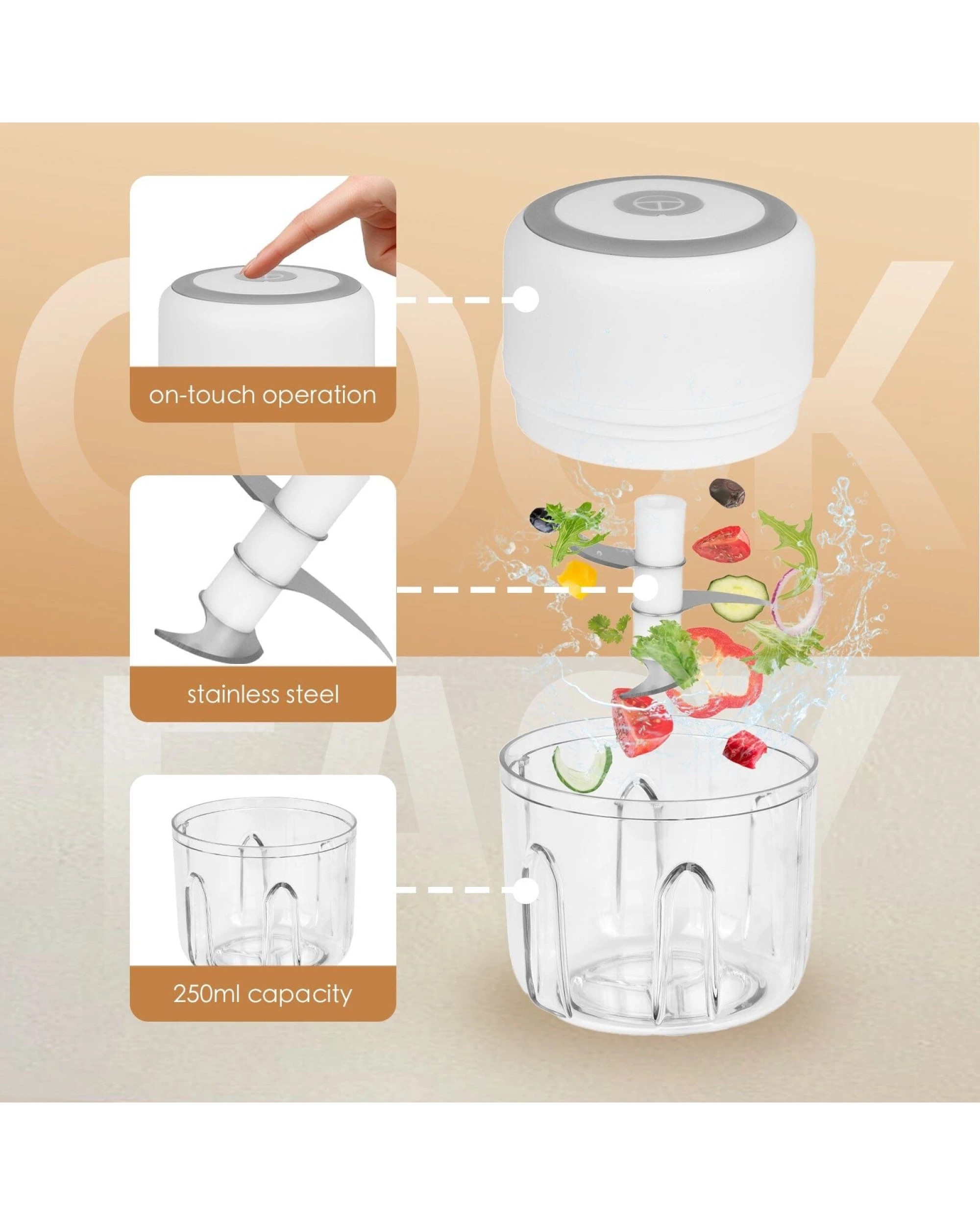2 Cook Easy 250ml Mini Food Processor Cordless Portable USB Rechargeable Chopper, 2 of 7
