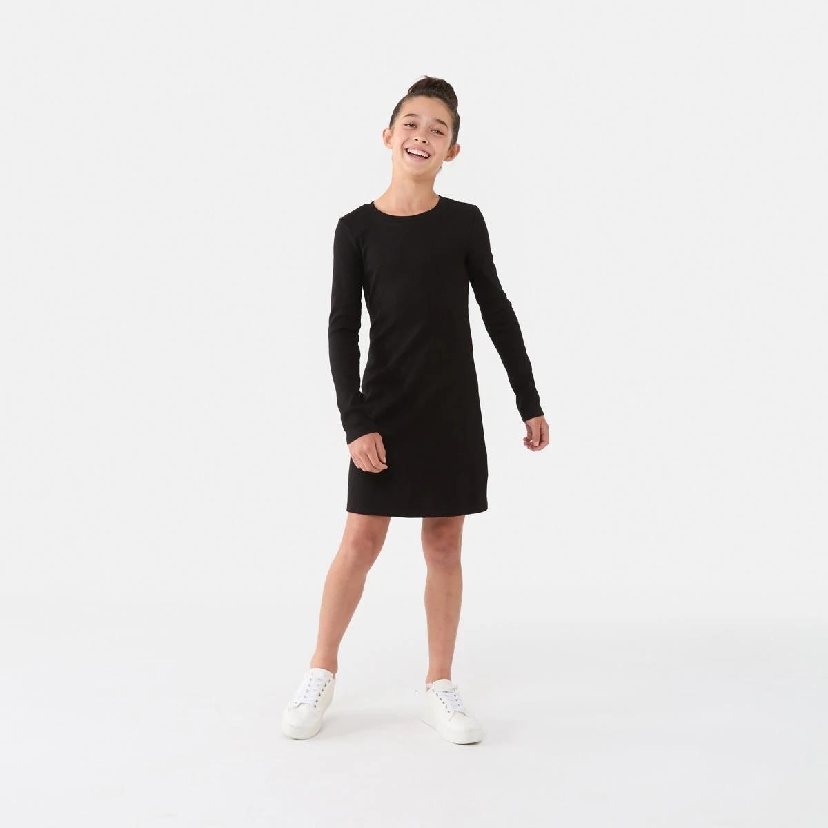 1 Long Sleeve Ribbed Knit Dress Black, 1 of 6