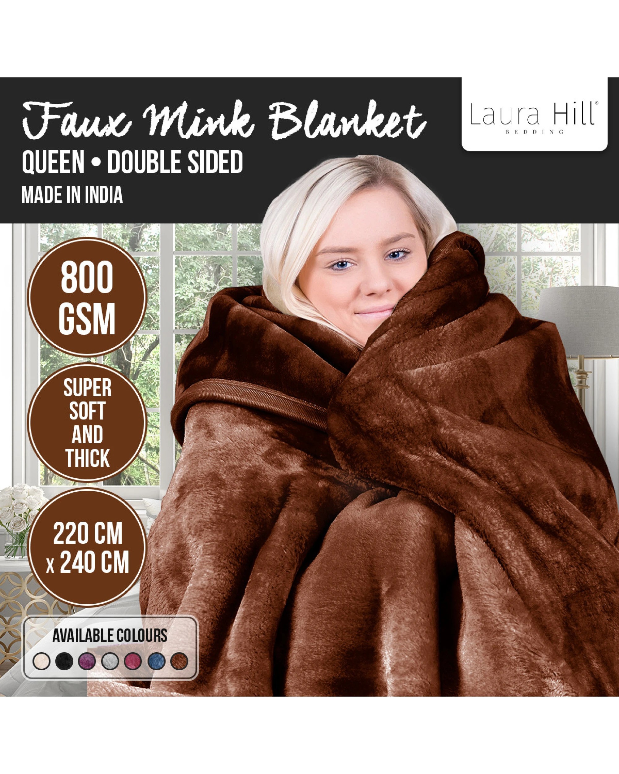 9 Laura Hill 800-gsm Mink Blanket Double-sided Soft Plush Bed Faux Throw Rug Chocolate
 - Queen Bed, 9 of 9
