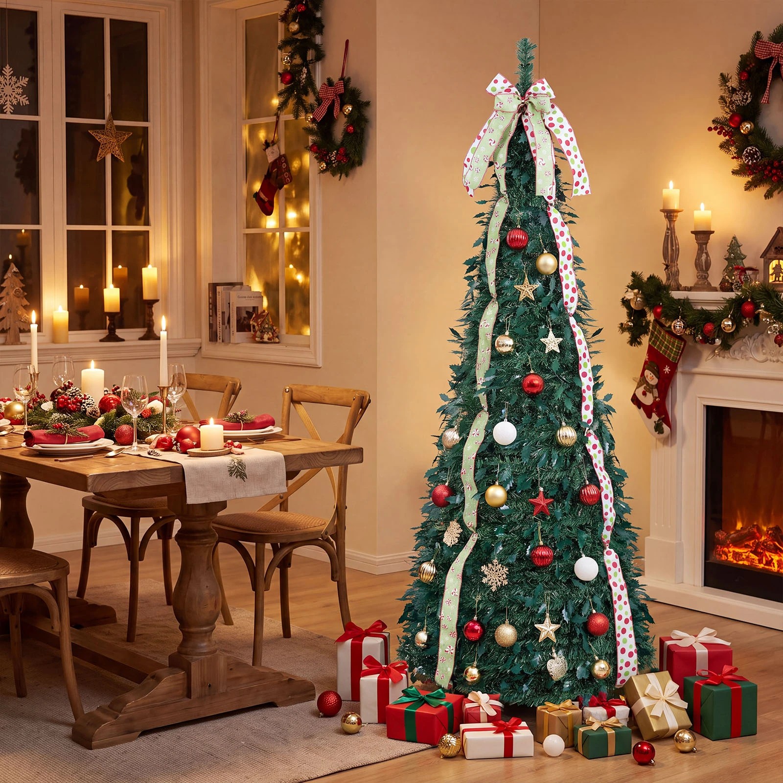4 Costway 1.8M Pre-Decorated Pop Up Christmas Tree Foldable Holiday Xmas Tree w/Tree Topper Bow, 4 of 8