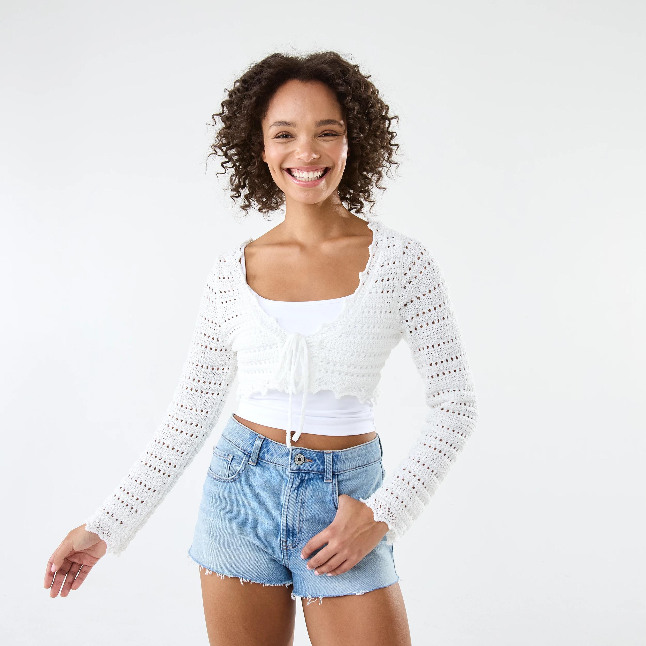 1 Long Sleeve Cropped Tie Cardigan Cld White, 1 of 8