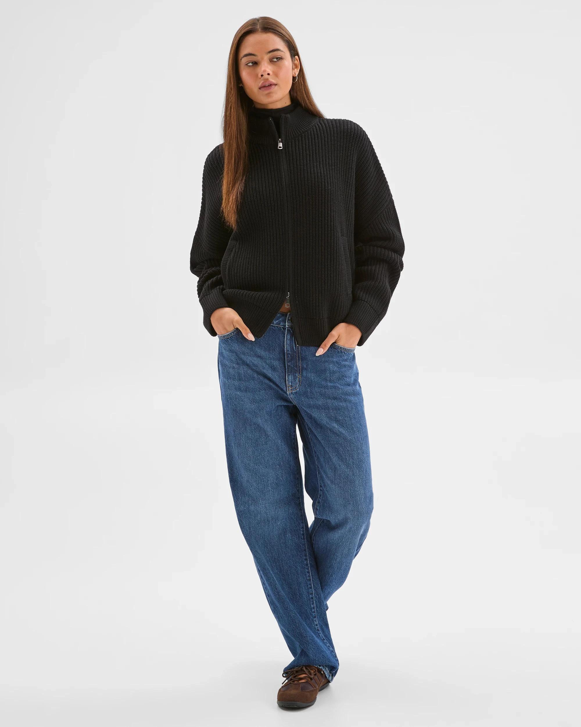 4 Lily Loves Australian Cotton Blend Zip Through Rib Cardigan BLACK, 4 of 8