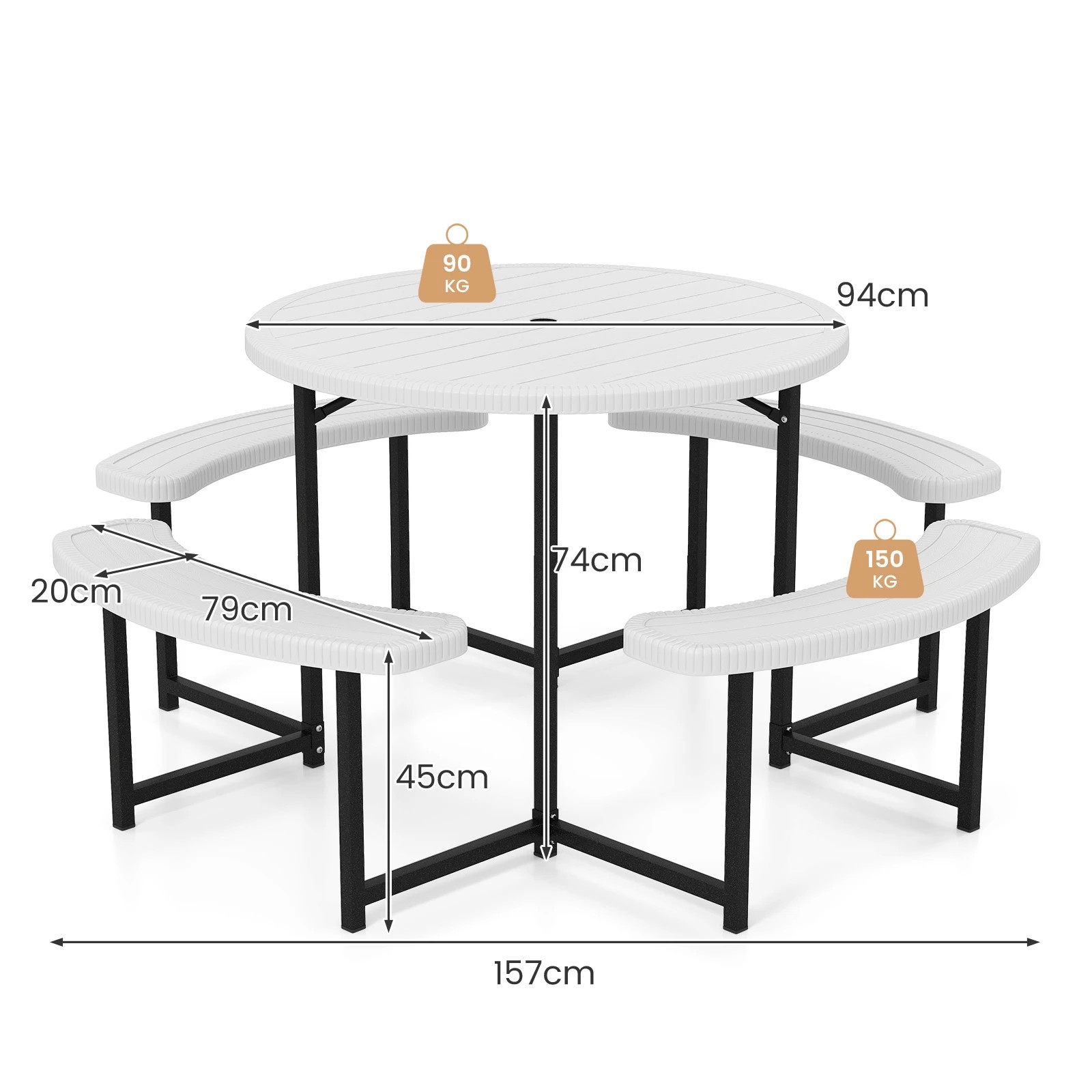 2 Costway 95cm Round Picnic Table Bench Set w/Umbrella Hole Patio Outdoor Dining Table & Chairs - White, 2 of 3