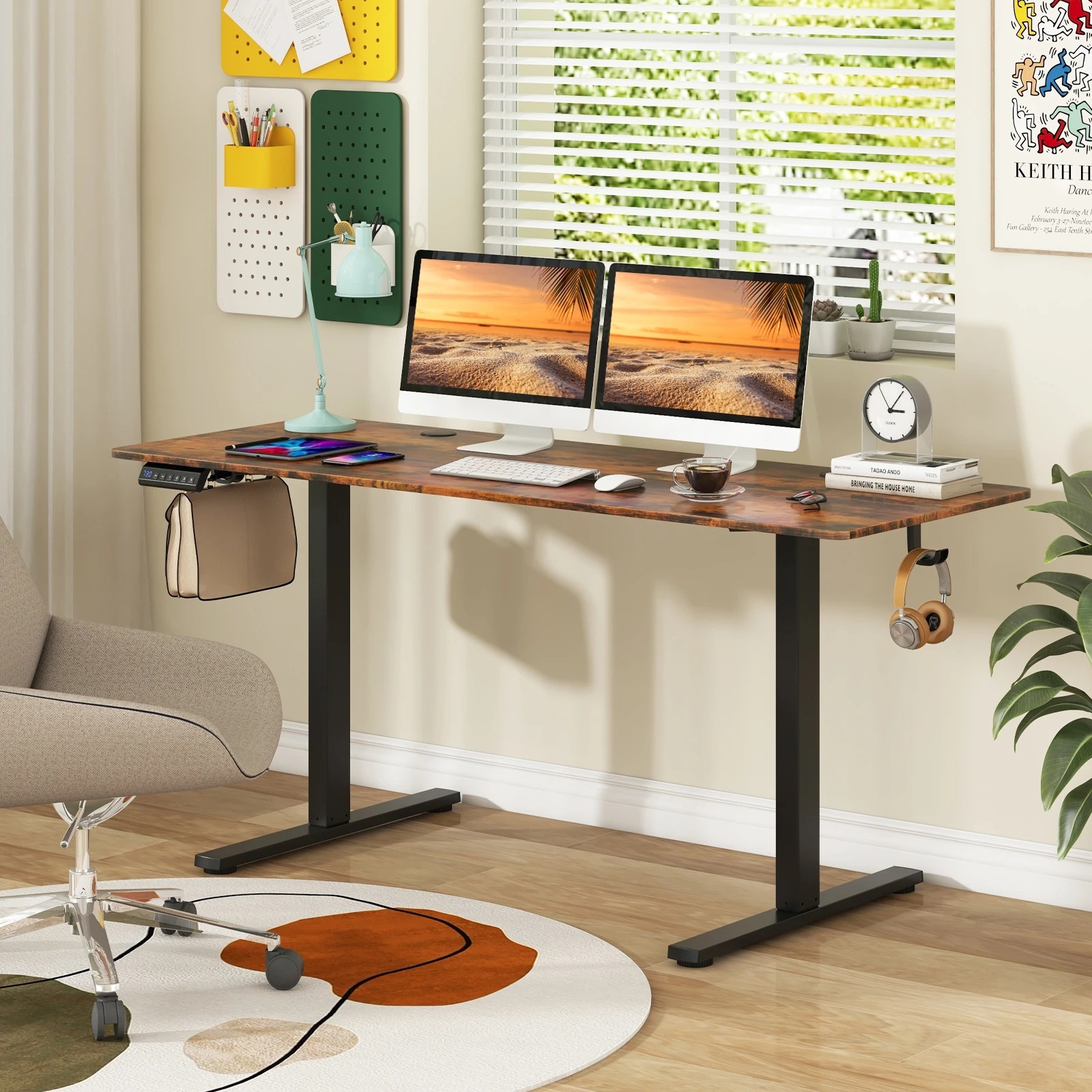 2 Costway 1.6M Adjustable Electric Standing Desk Sit Stand Desk w/Control Panel - Brown, 2 of 3