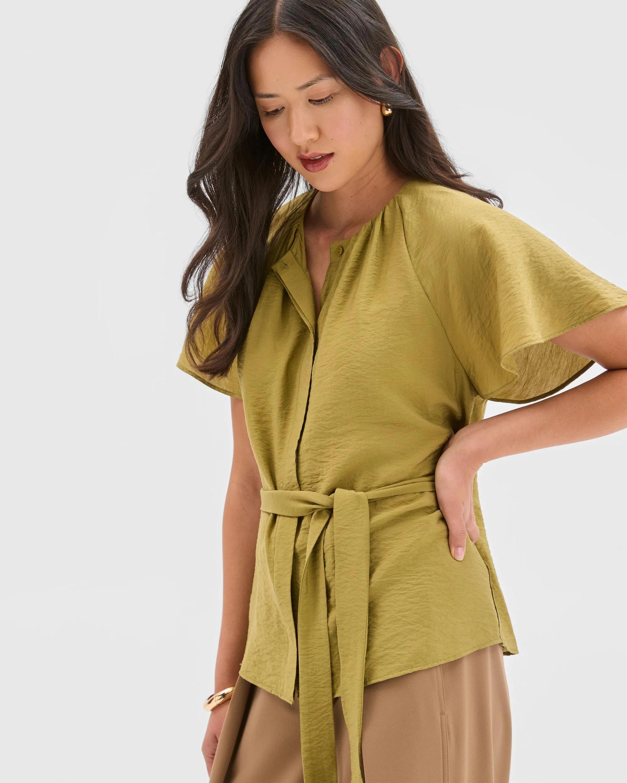 2 Preview Short Sleeve Belted Blouse OLIVE GREEN, 2 of 6