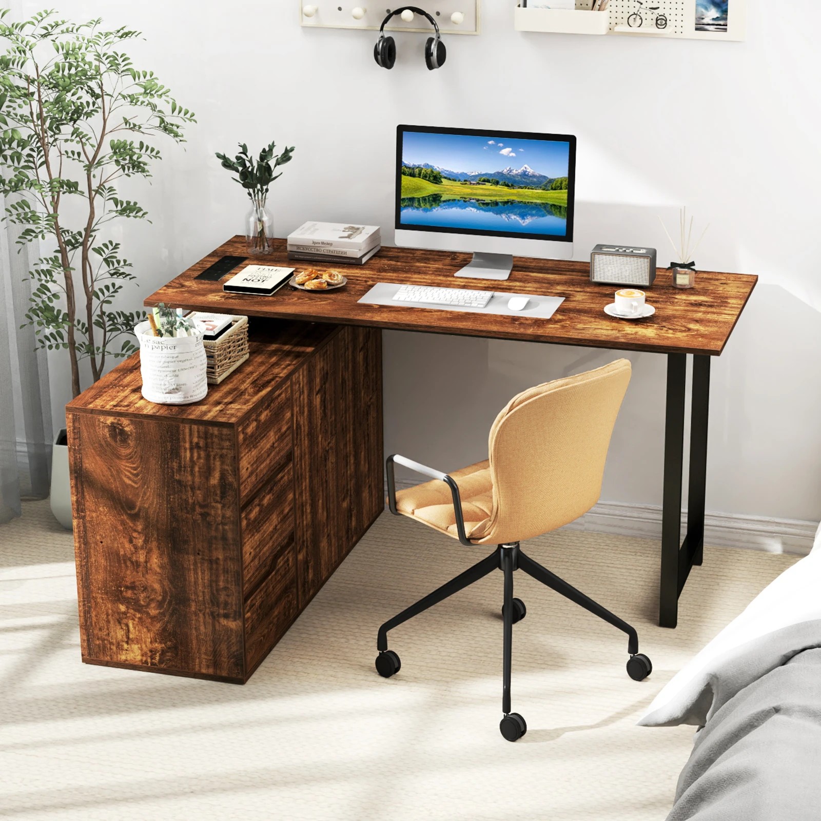 3 Costway Industrial L-Shaped Computer Desk Reversible Study Table w/Charging Station, 3 of 4