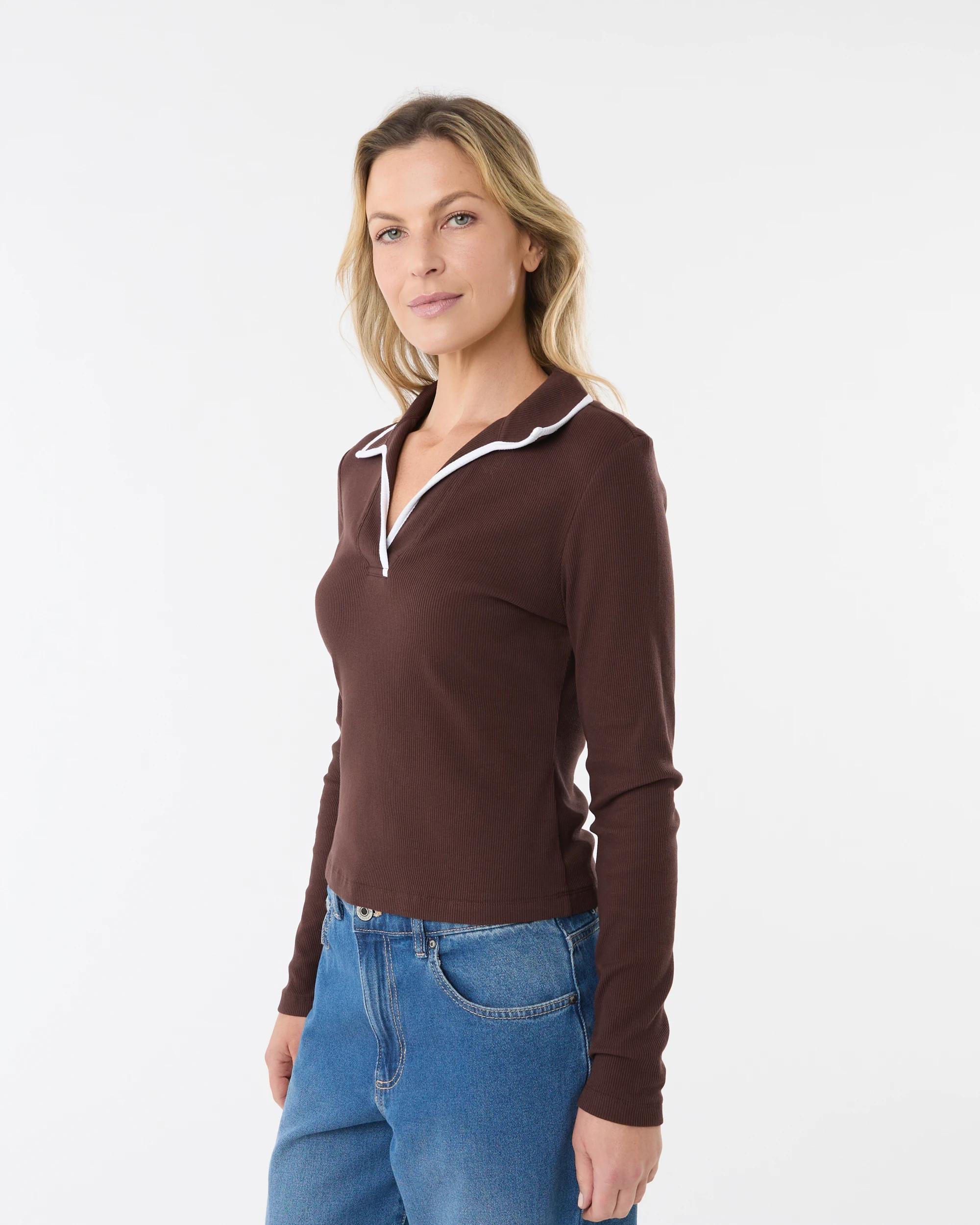 2 Long Sleeve Contrast Polo Top Melt Brown, 2 of 5