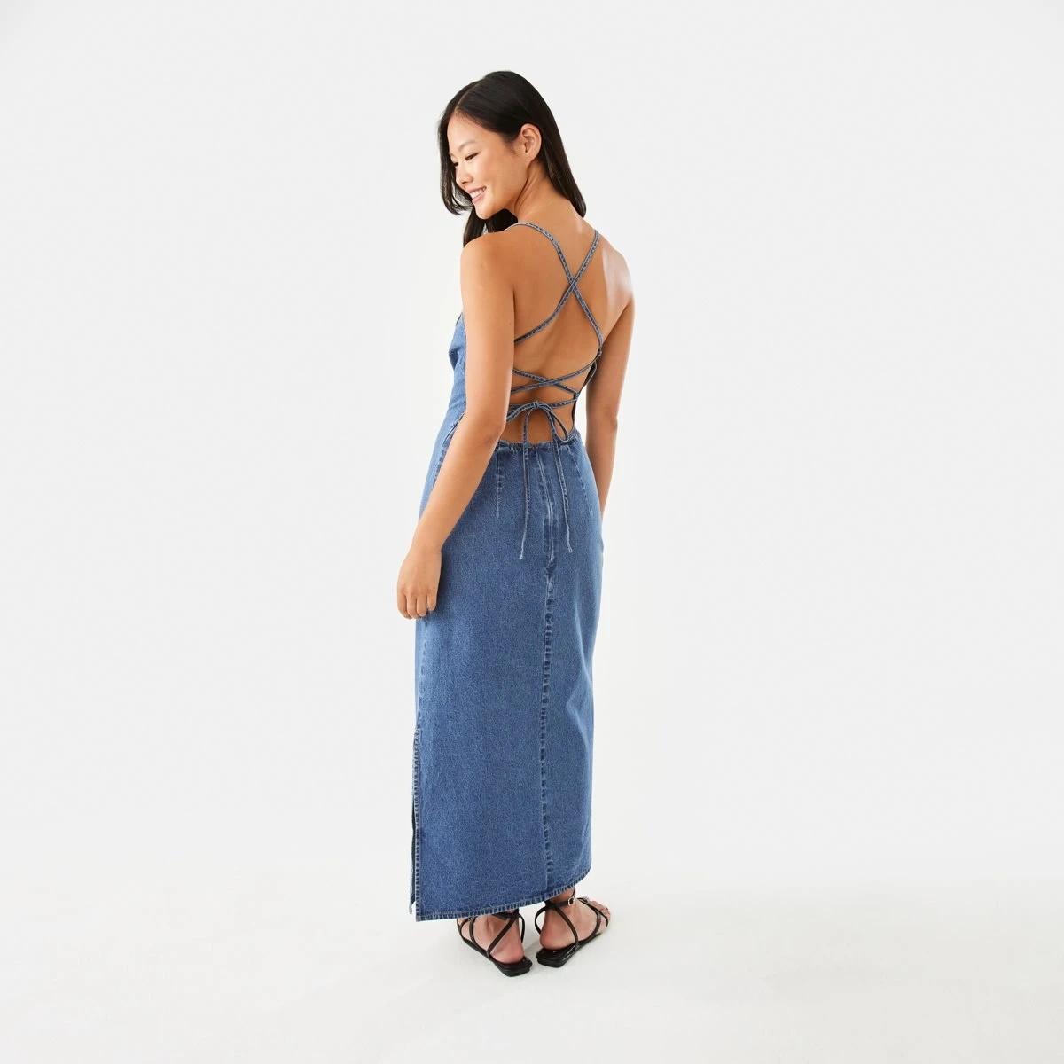 3 Sleeveless Denim Slip Midi Dress Mid Wash, 3 of 7