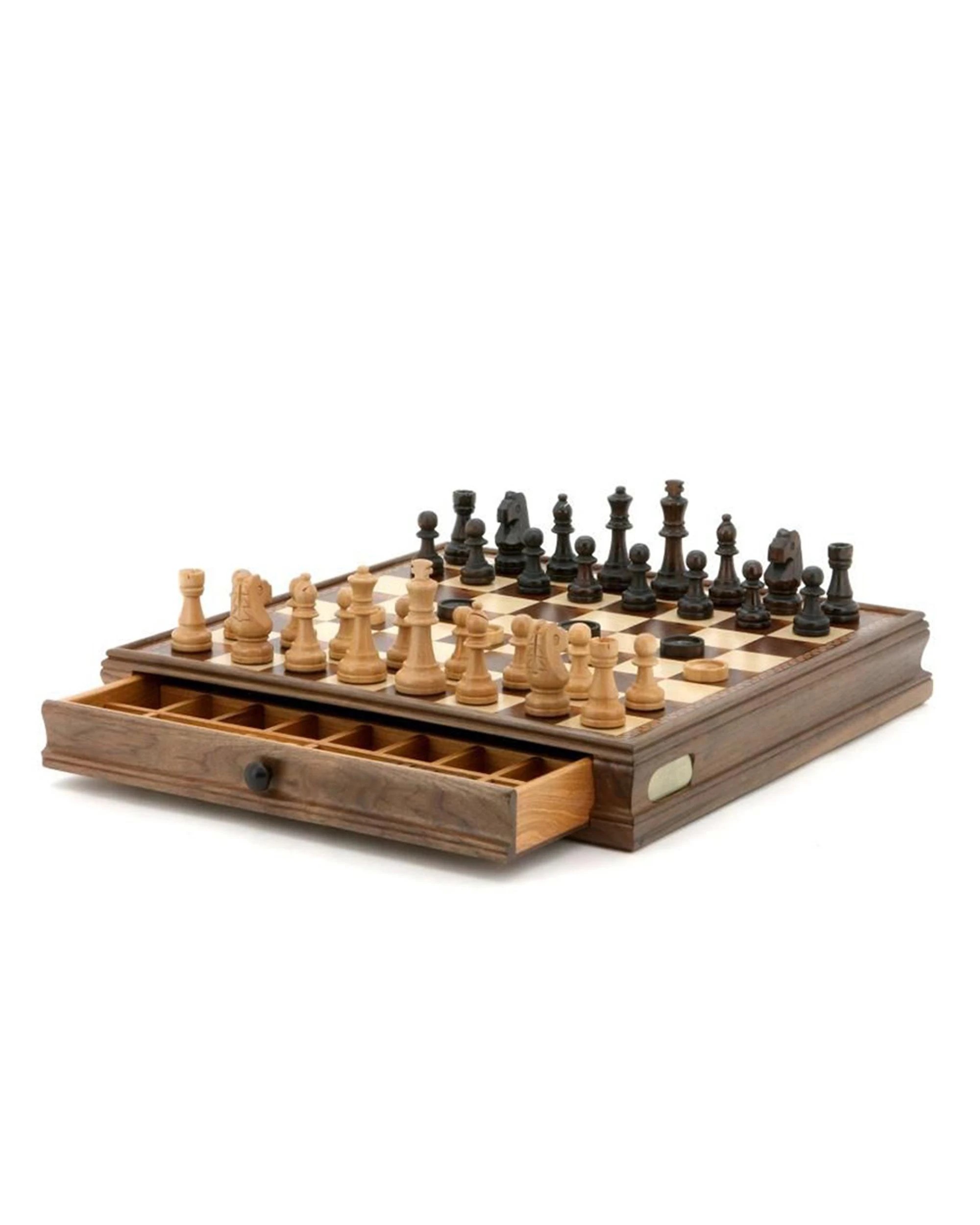 1 Dal Rossi 15 inch Walnut 2-in-1 Chess/Checkers Set with Drawers, 1 of 4