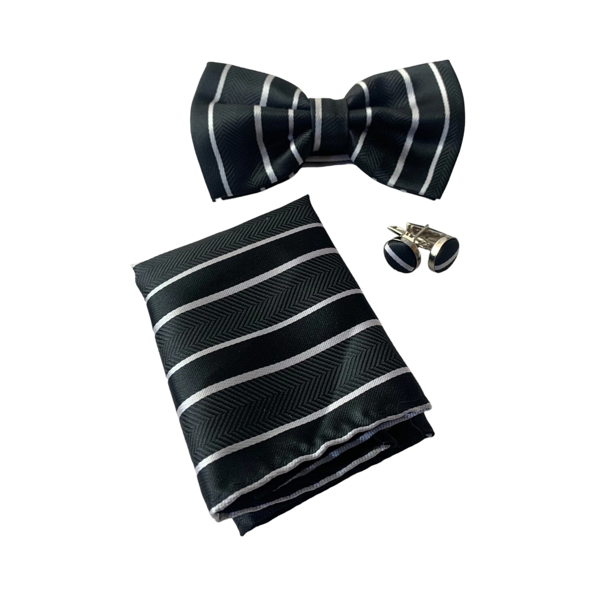 3 Zasel Mens Black Textured Stripe Matching Bow Tie, Pocket Square & Cuff Links Set - Multi, 3 of 5