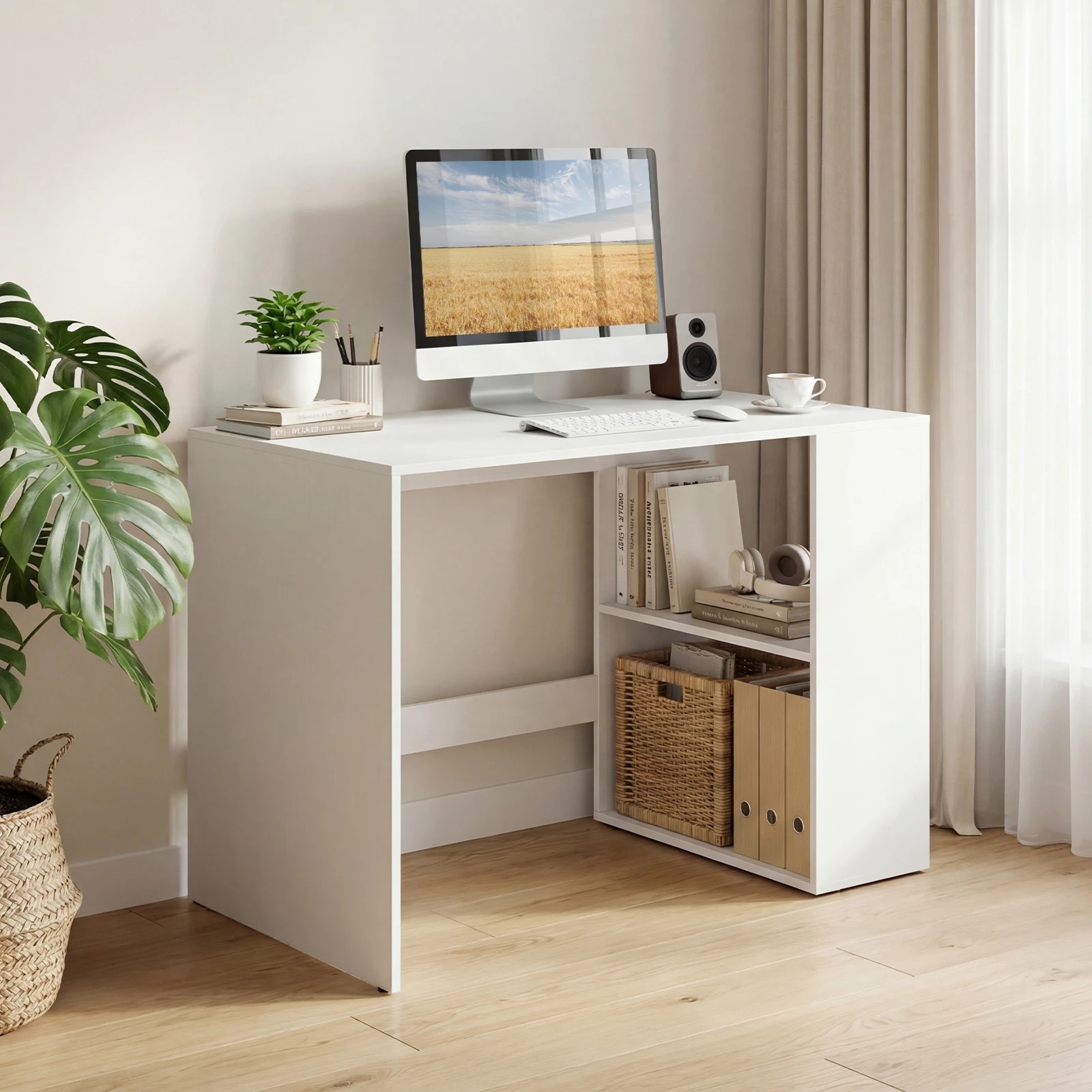 5 Costway 112cm Computer Desk w/2-Tier Bookshelf Study Writing Table - White, 5 of 6