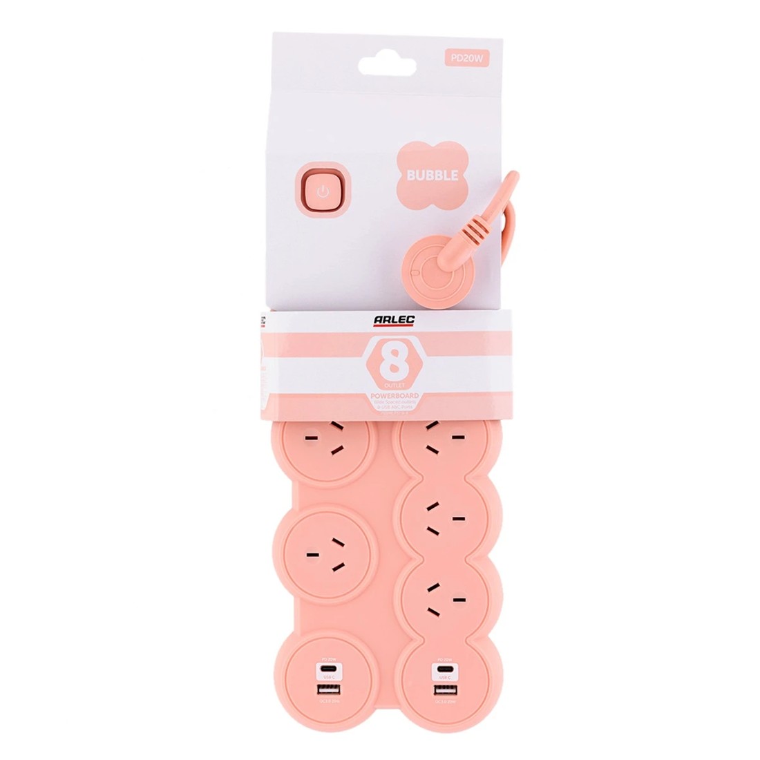 6 Arlec 8 Outlet Bubble Wide Spaced Outlets & USB A & C Ports Powerboard - Pink, 6 of 7