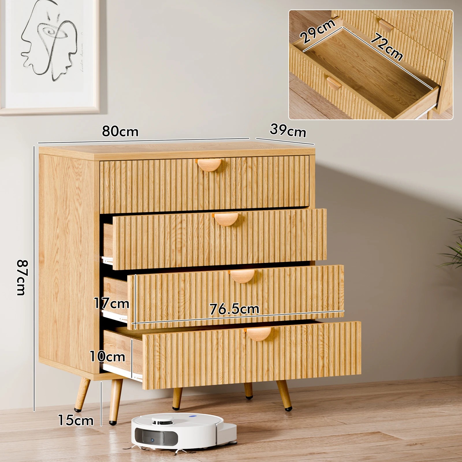 10 Alfordson 4 Chest of Drawers Modern Storage Cabinet Dresser Tallboy - Oak, 10 of 10