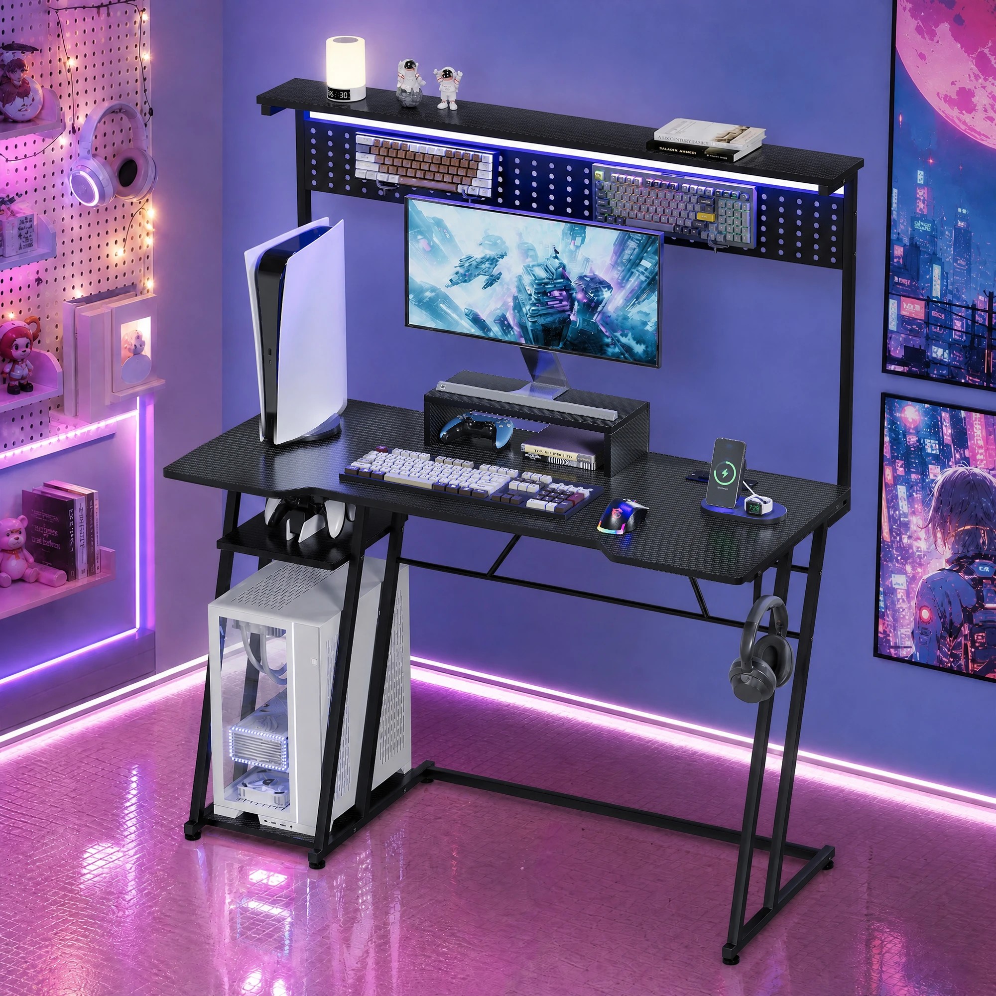 3 Advwin 120cm LED Gaming Desk w/  Power Outlets Reversible Carbon Fiber w/ Shelf hook & Pegboard - Black, 3 of 8