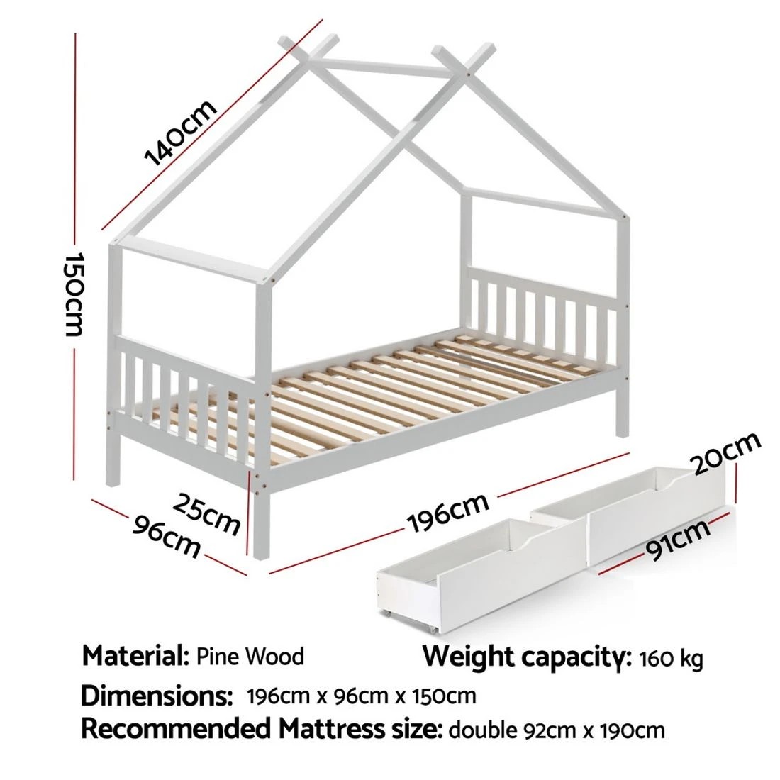 2 Artiss Bed Frame Wooden Base Kids Single Timber House  with 2 Storage Drawers - White, 2 of 5