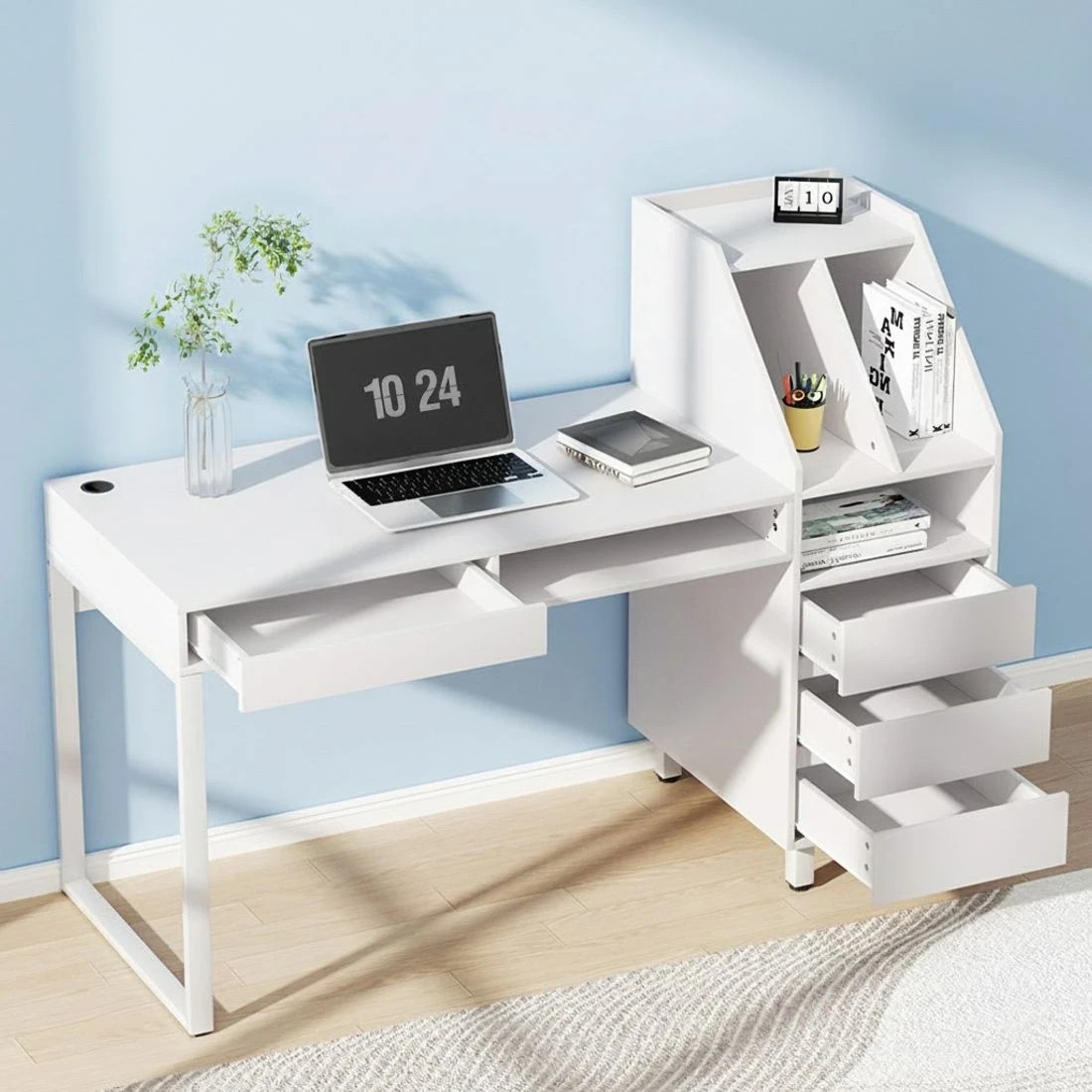 3 Artiss Computer Desk Office Study Desks Table Drawer Bookshelf - White, 3 of 5