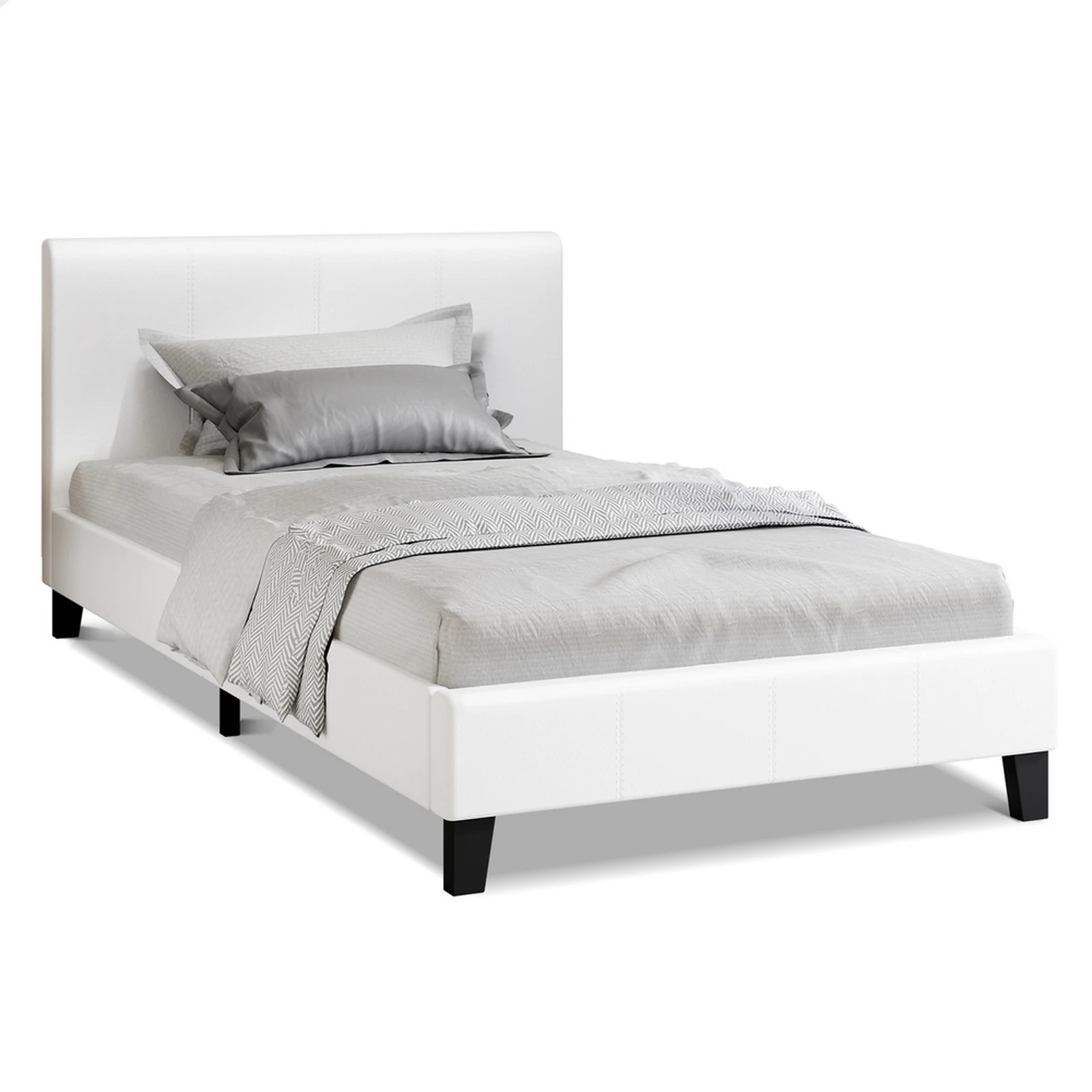 1 Alfordson Bed Frame Single Size Mattress Base Wooden Platform Leather - White, 1 of 10