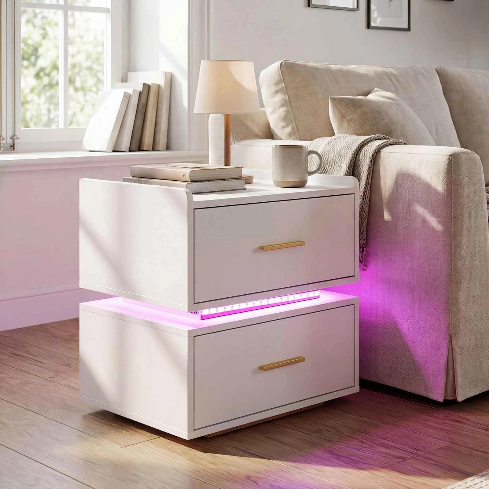2 Costway LED Bedside Table w/Charging Station Modern Semi-floating Nightstand - White, 2 of 5