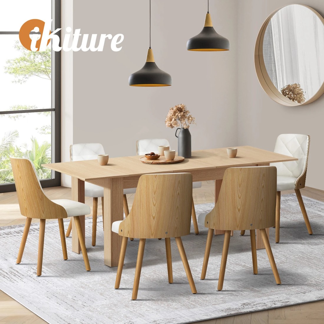 6 Oikiture 200cm Extendable Dining Table with 6PCS Dining Chairs PU Leather - Multi, 6 of 9
