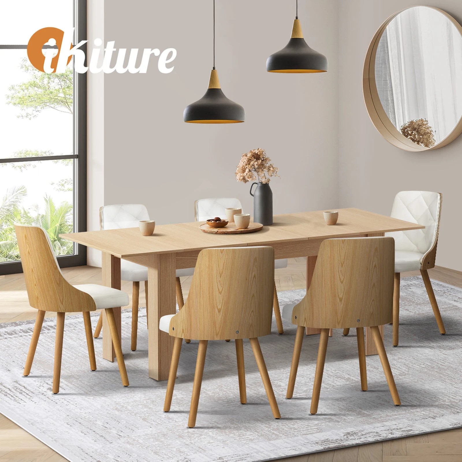 6 Oikiture 200cm Extendable Dining Table with 6PCS Dining Chairs PU Leather - Multi, 6 of 9