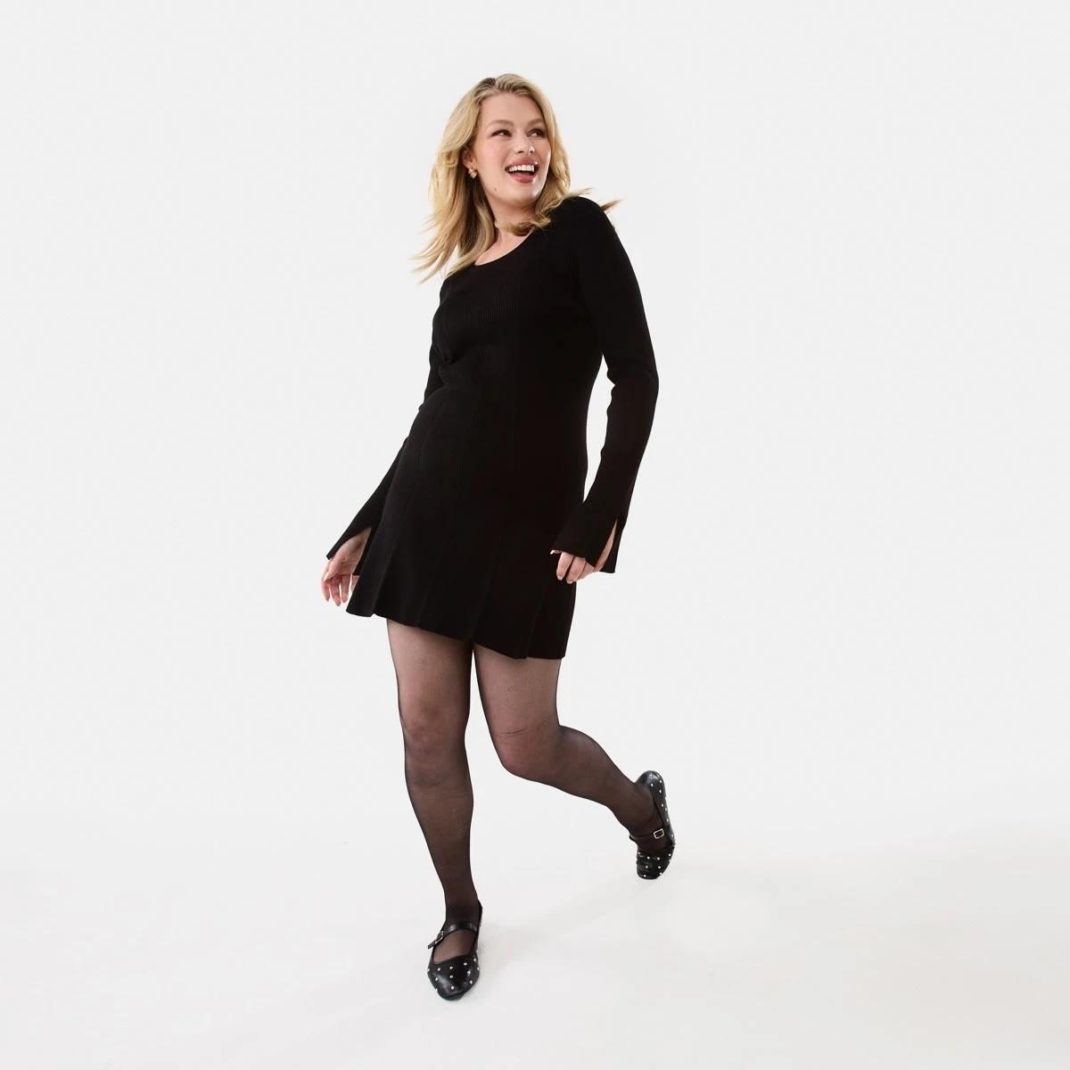 2 Long Sleeve Scoop Knit Skater Mini Dress Black, 2 of 10