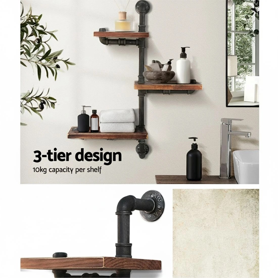 4 Artiss Floating DIY Pipe Shelf 3 Tiers - IVAN - Natural, 4 of 7