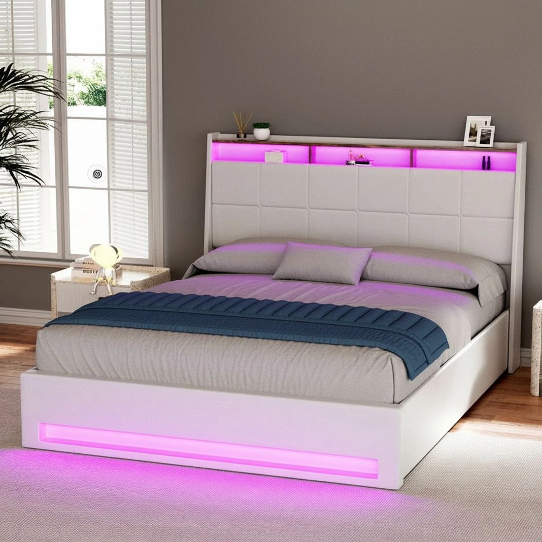 6 Artiss Bed Frame Gas Lift LED Beds Base Platform  PVC Leather Storage Headboard - White, 6 of 7