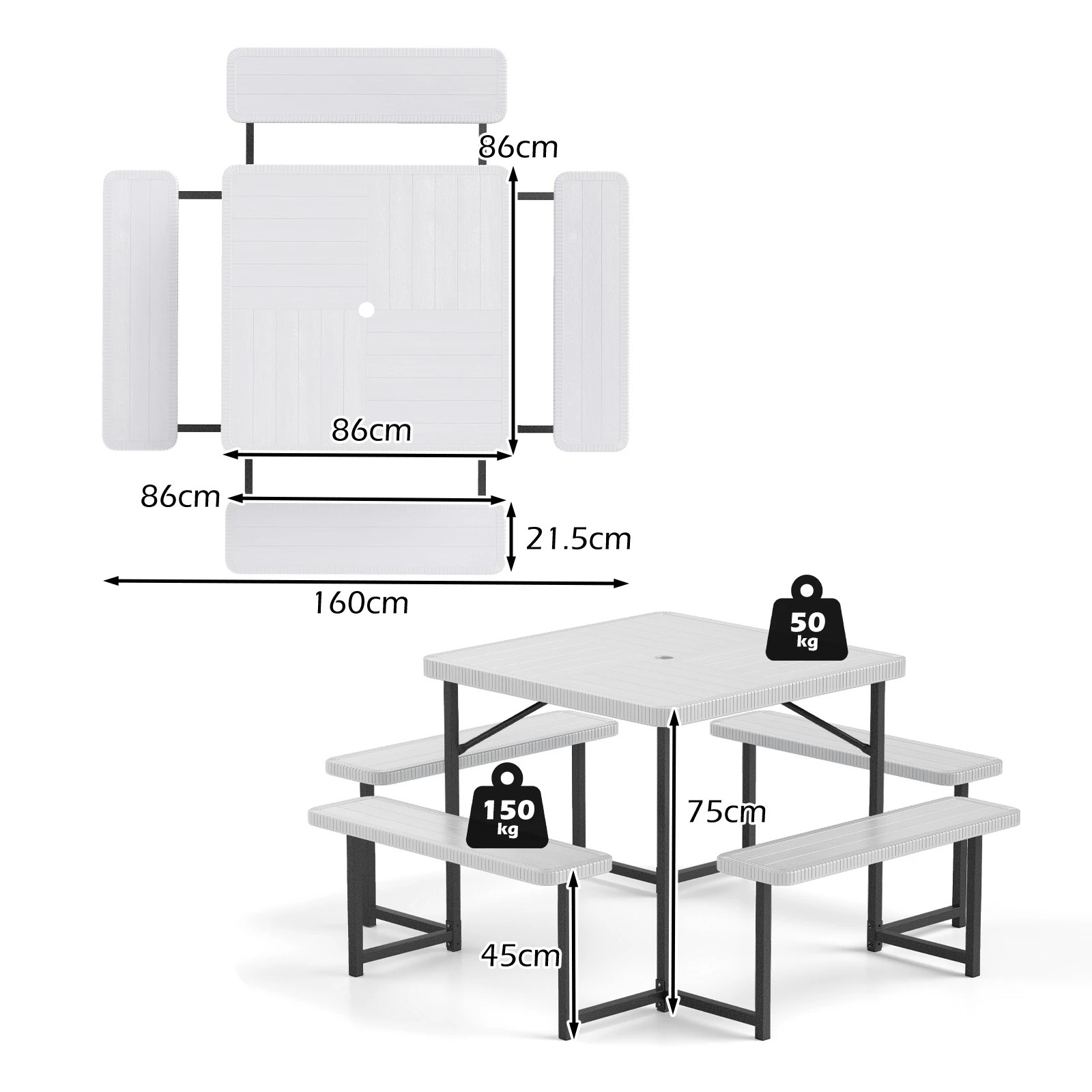 2 Costway Picnic Table Bench Set for 4-8 People w/All-Weather HDPE Tabletop & Umbrella Hole - White, 2 of 3