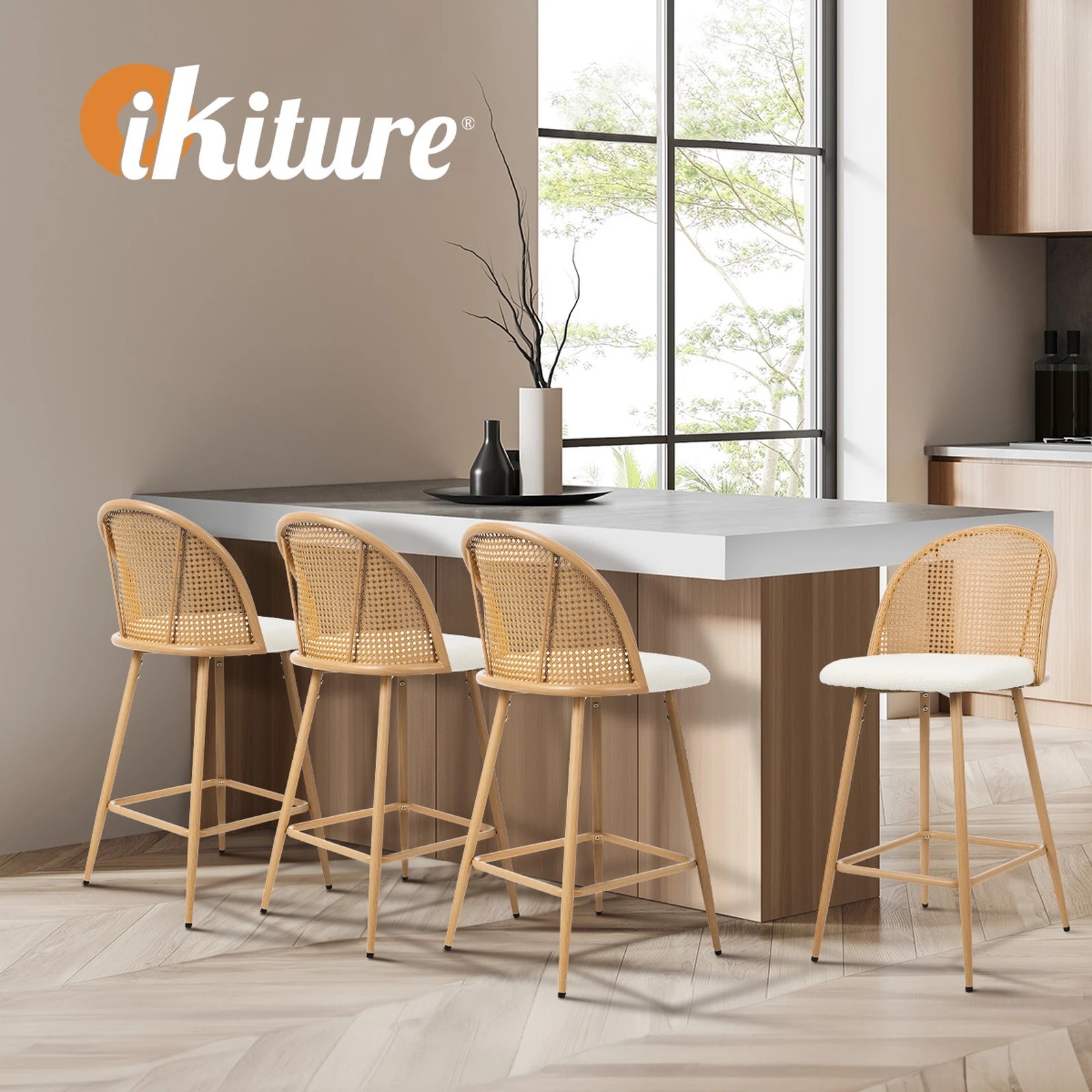 5 Oikiture Bar Stools Kitchen Counter Stool Rattan Dining Chair Boucle X4
 - White, 5 of 10