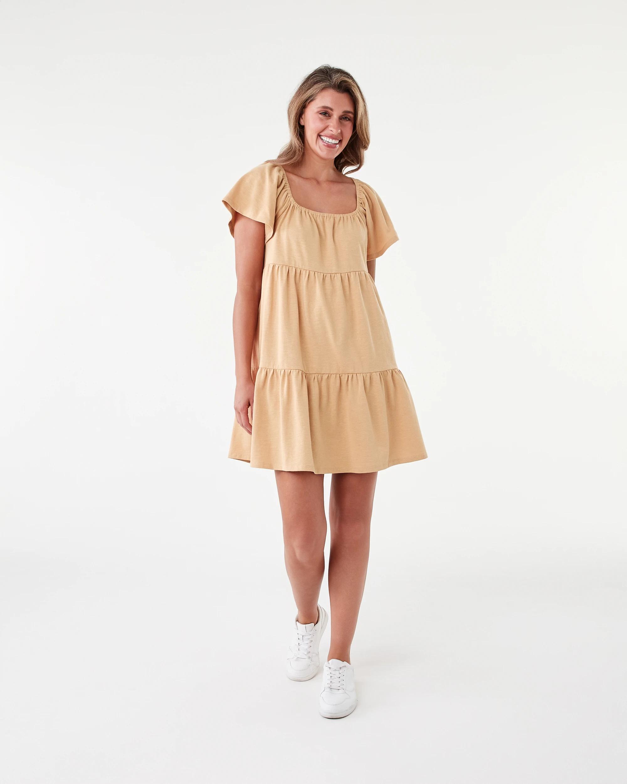 8 Short Sleeve Frill Tiered Jersey Mini Dress Mustard, 8 of 8