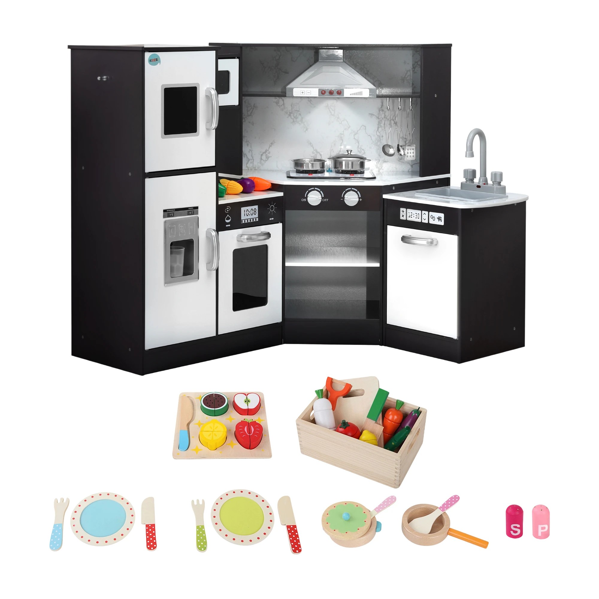 1 Keezi Kids Wooden Kitchen Playset 29pc Food Set Black White - Multi, 1 of 8