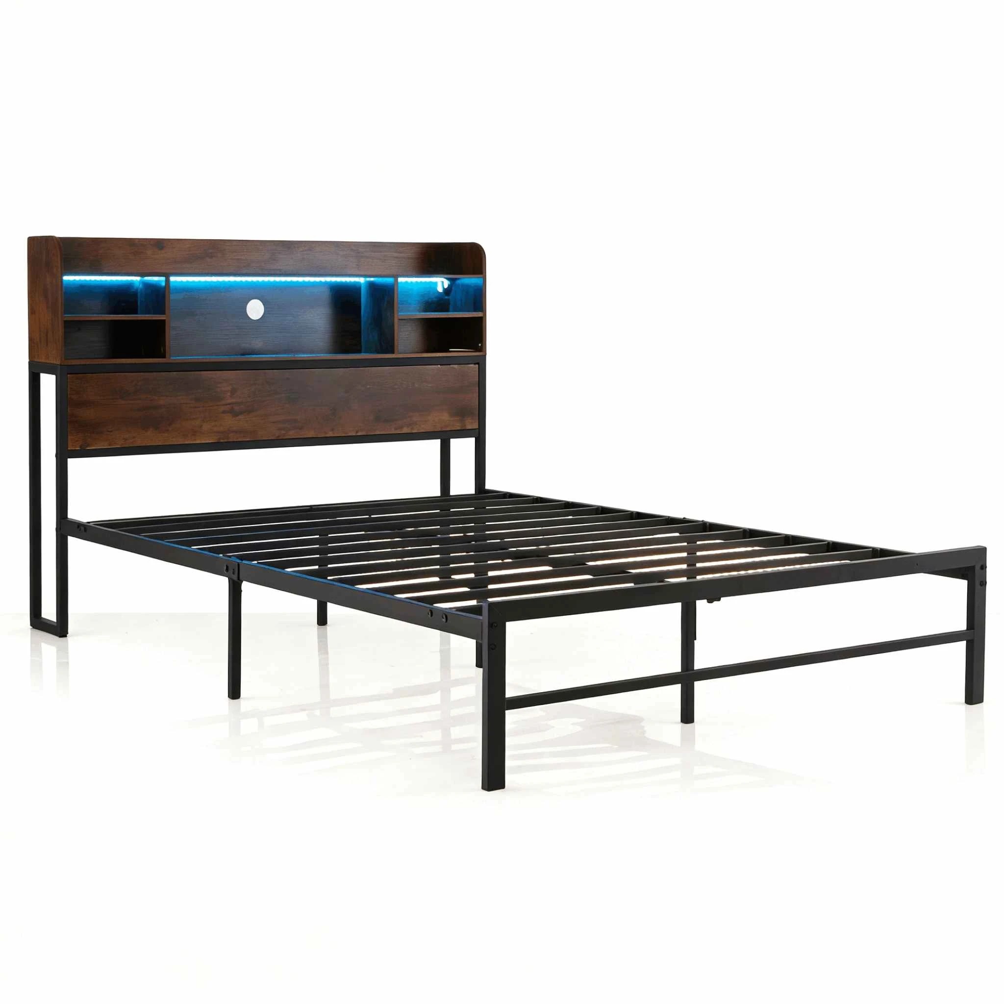 1 Costway Double Size LED Bed Frame Metal Platform Bed Base Storage Headboard w/Power Outlets, 1 of 1