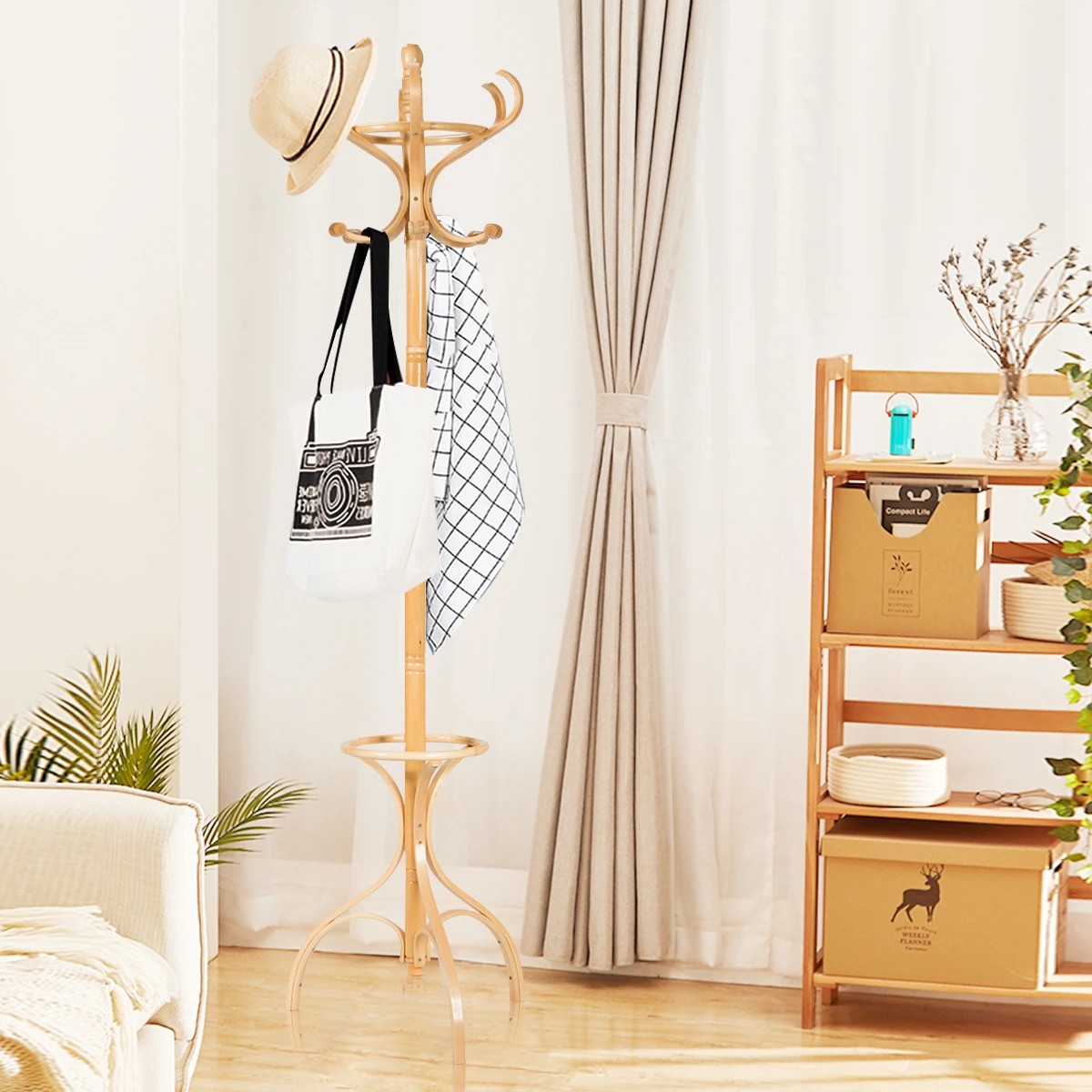 4 Costway 181CM Wood Coat Rack Hat Clothes Hanger w/Umbrellar Holder & 12 Hooks - Natural, 4 of 4