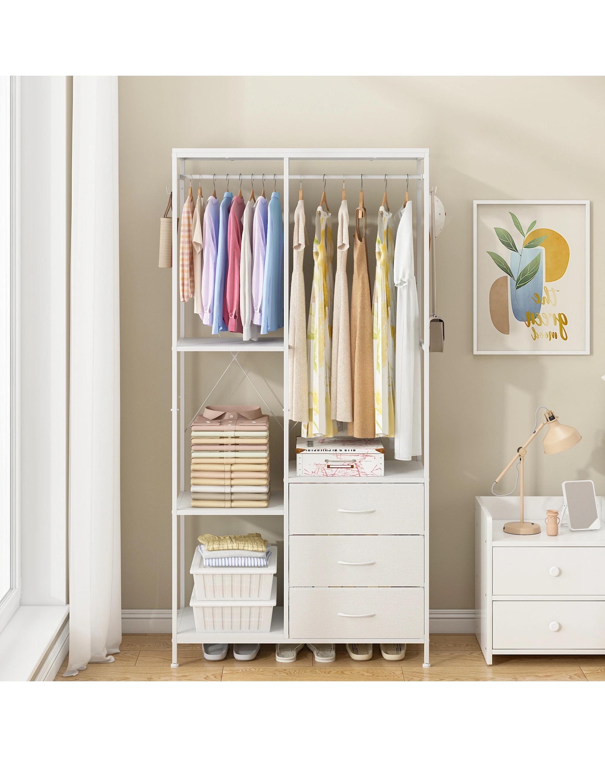 3 Advwin Dresser with Hanging Rack Fabric Chest of Drawers Clothes Rack - White, 3 of 8