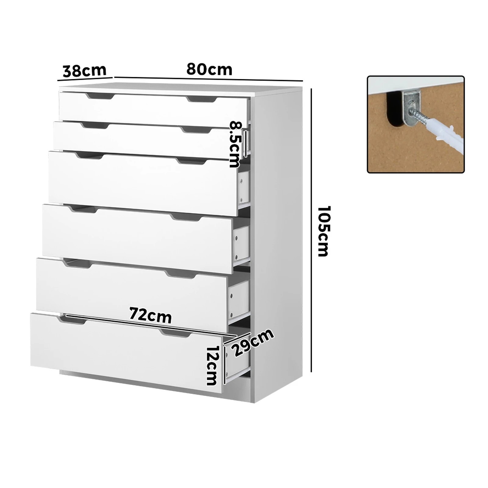 2 Oikiture Chest of Drawers 6 Drawer Tallboy Dresser Storage Cabinet - White, 2 of 8