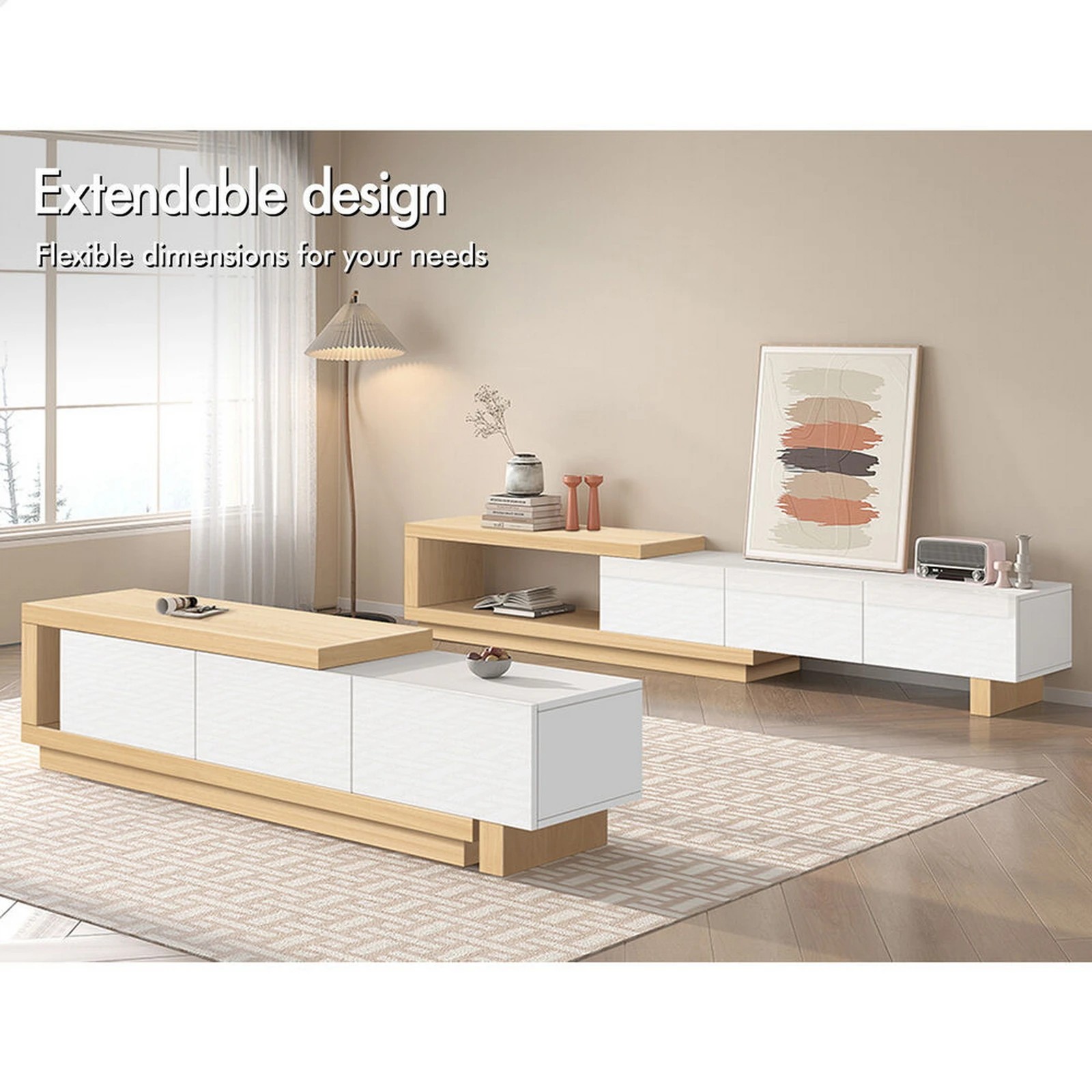 2 Alfordson 190-280cm Extendable Entertainment Unit TV Stand Cabinet Drawer - Wood White, 2 of 9