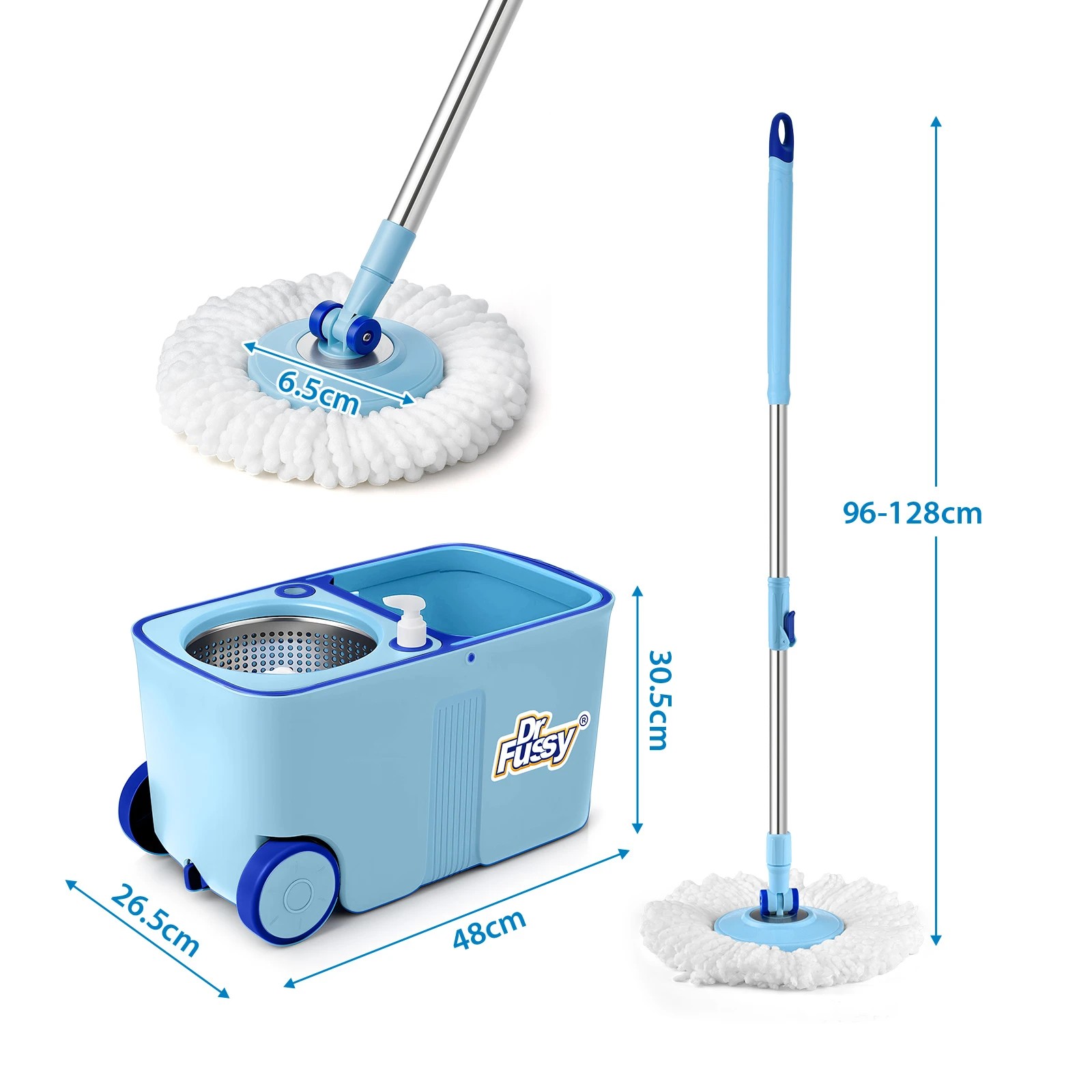 1 Dr FUSSY Spin Mop Bucket Tile Wood Floor Cleaner 4 Microfibre Heads Magic Wet Dry Twist Spinning Easy Cleaning System, 1 of 4