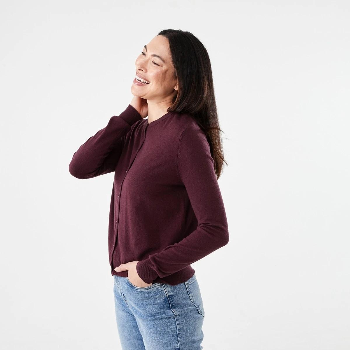 2 Lightweight Crew Neck Cardigan Mulberry, 2 of 6