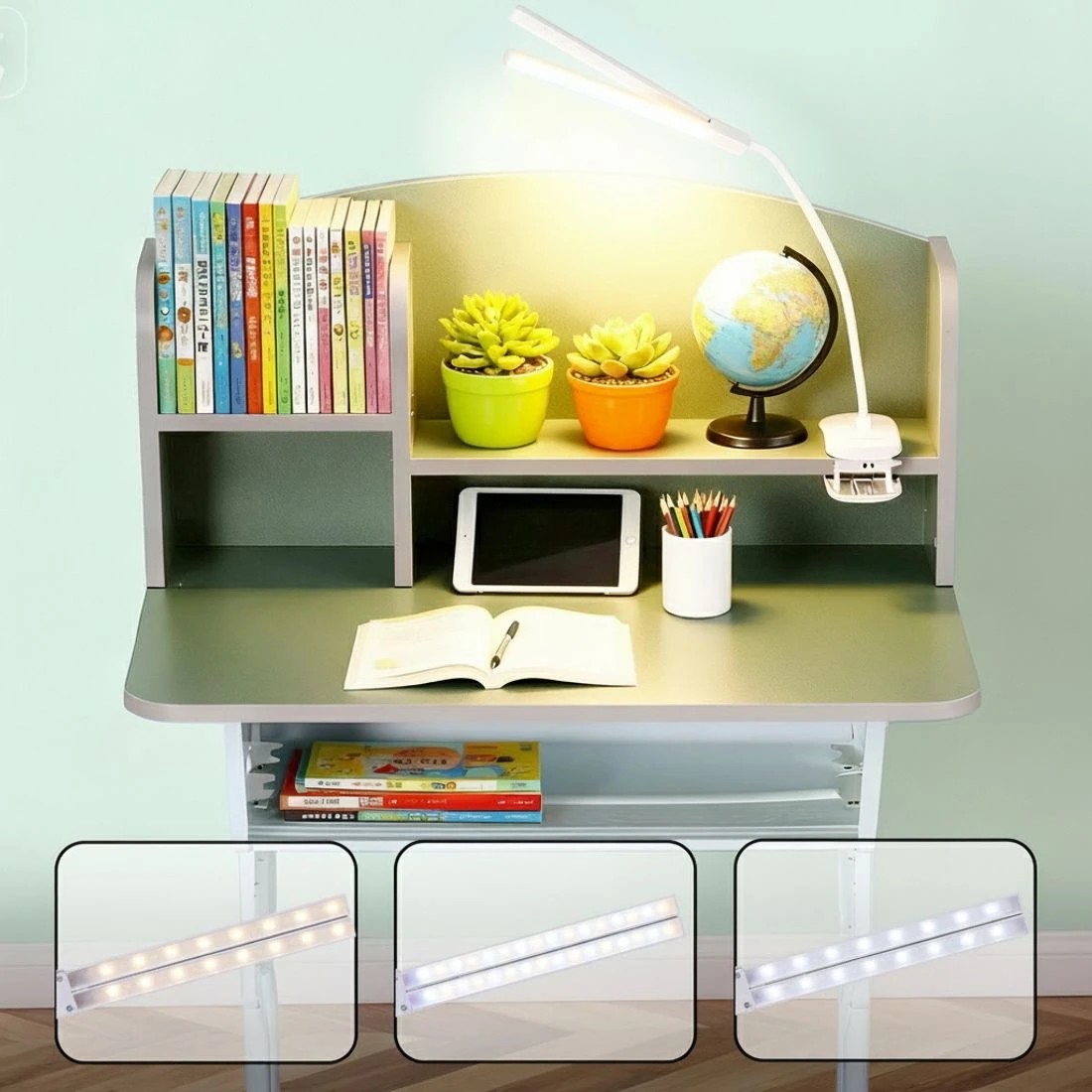 5 Keezi Kids Study Desk Chair Set Adjustable Ergonomic Table LED Lamp Green - Green, 5 of 6