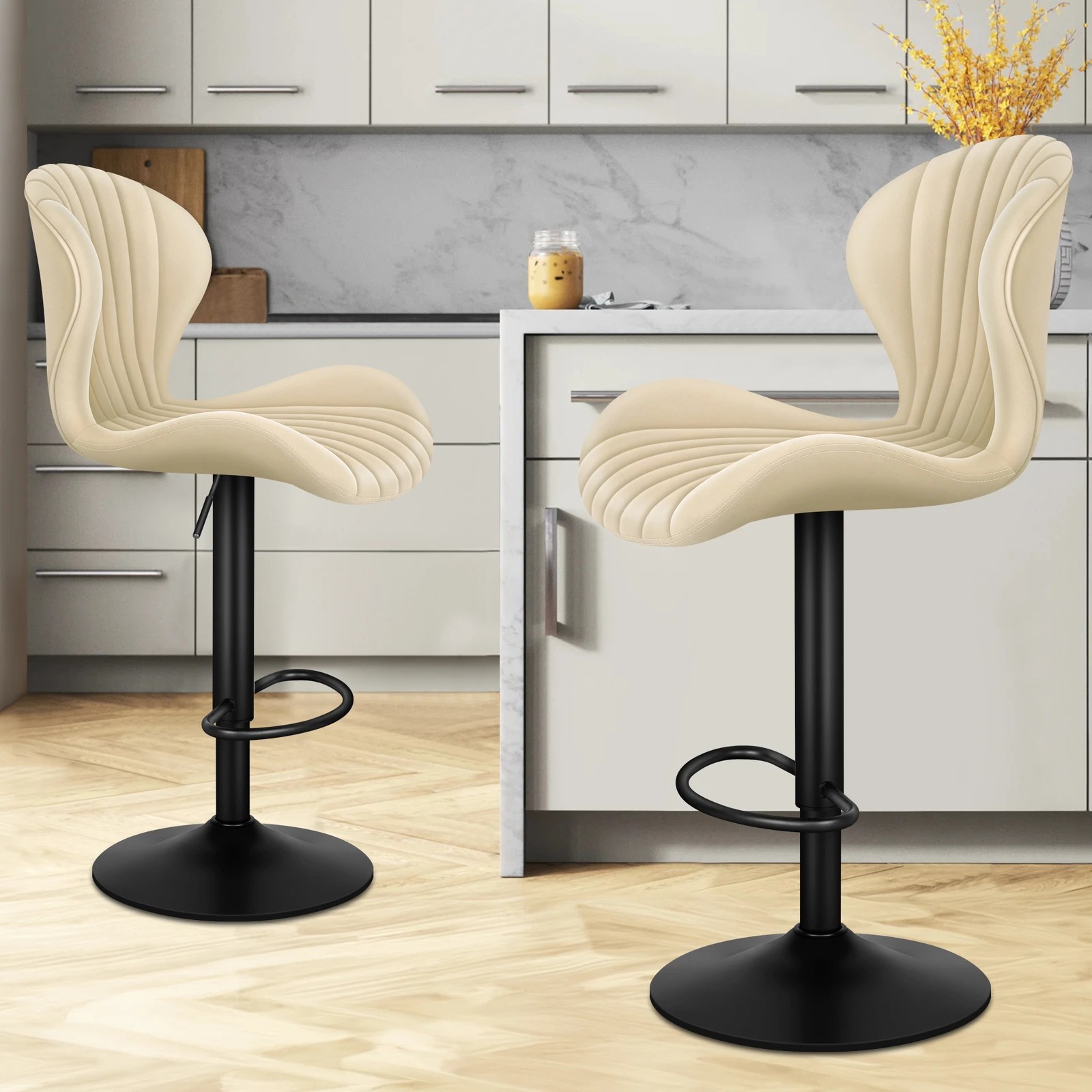 8 Alfordson 2x Bar Stools Gas Lift Air Leather Bar Chairs Kitchen Swivel - Beige, 8 of 10