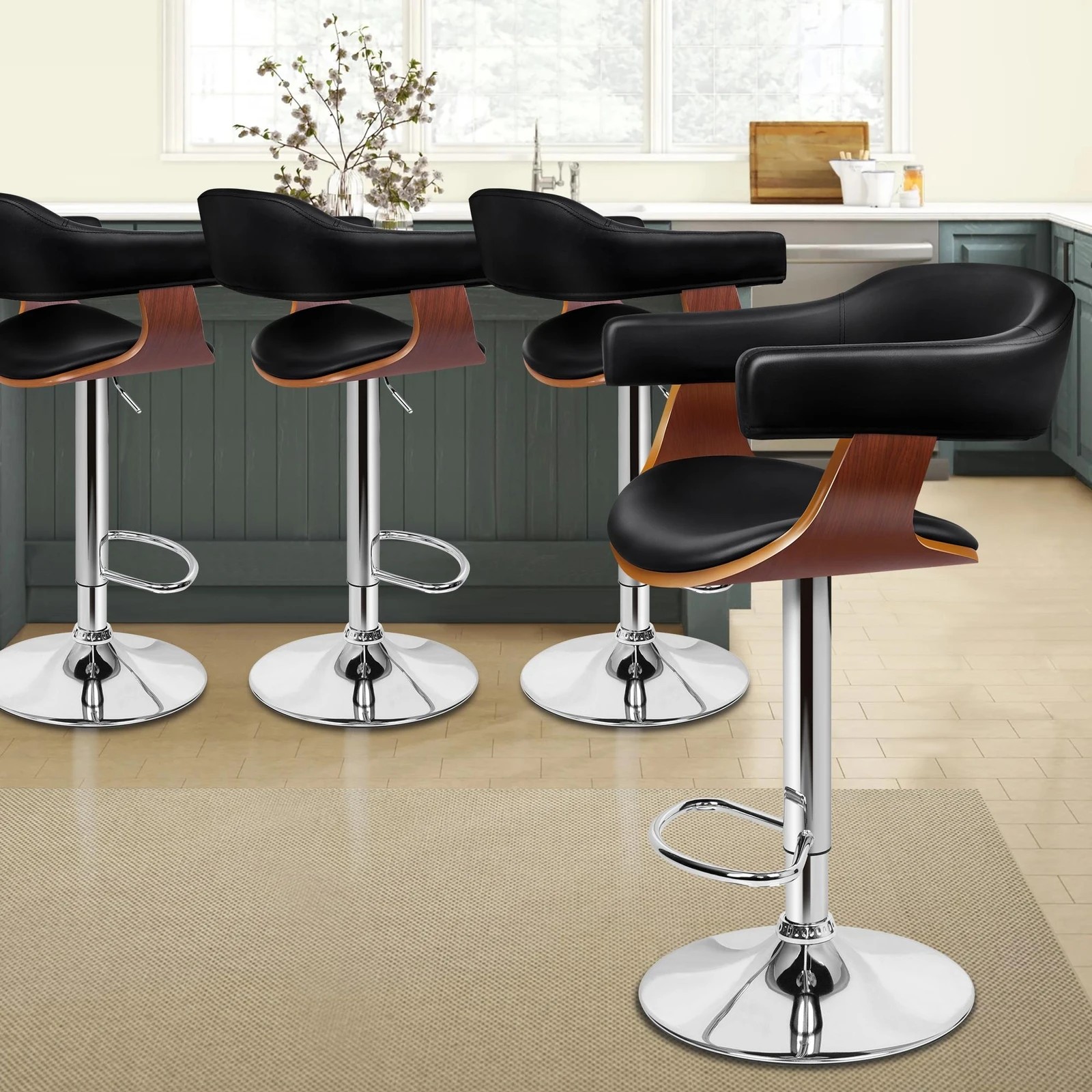 9 Alfordson 4x Bar Stools Joan Kitchen Swivel Chair Wooden Leather Gas Lift - Black, 9 of 10