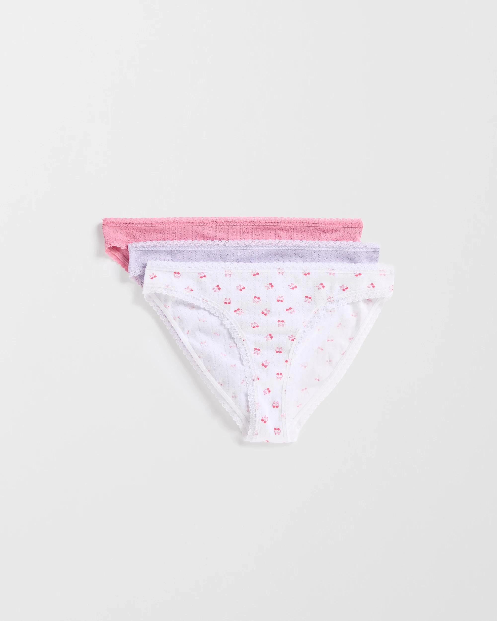 1 Lily Loves Australian Cotton 3 Pack Pointelle Bikini Briefs ORCHID SMOKE/PURPLE HEATHER/CHERRY PRINT WHITE, 1 of 4