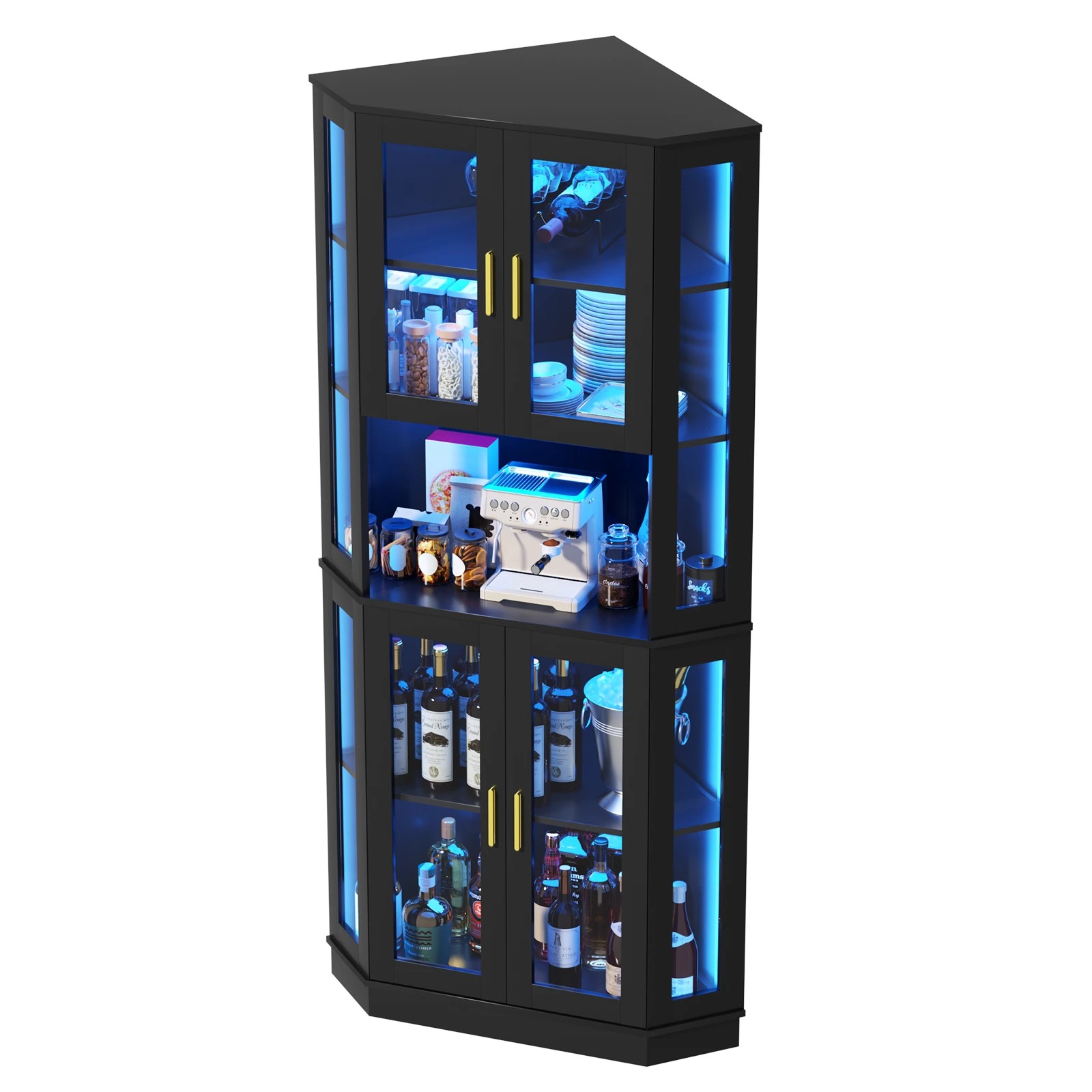 4 Advwin 5-Tier Corner Glass Wine Bar Cabinet with LED Lights Built-In Wine Glass Rack - Black, 4 of 9