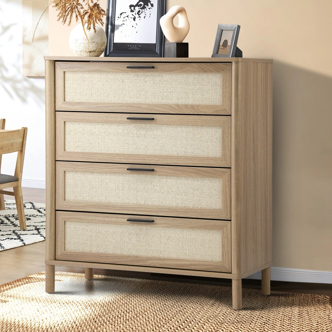 2 Oikiture 4 Chest Of Drawers Dresser Tallboy Storage Cabinet Rattan
 - Natural, 2 of 10