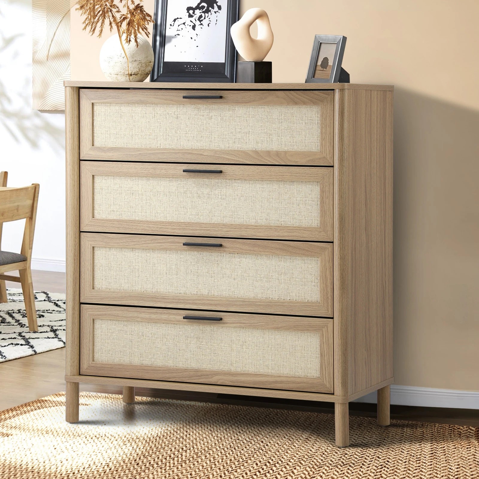 2 Oikiture 4 Chest Of Drawers Dresser Tallboy Storage Cabinet Rattan
 - Natural, 2 of 10